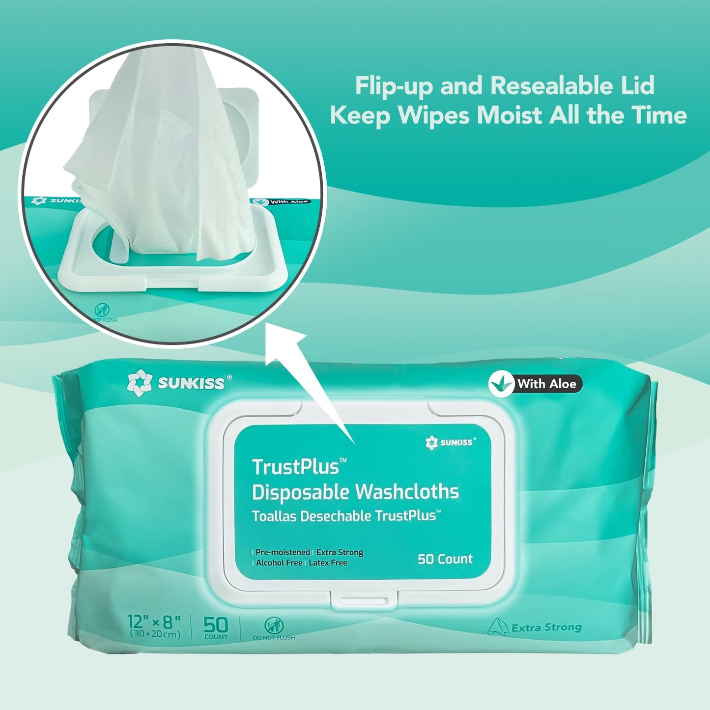 SUNKISS Trustplus Wet Wipes for Adult, Extra Thick 8”x12” Body Cleaning Wipes with Aloe for Elderly Incontinence & Cleansing, 200 Count (4 Packs of 50)