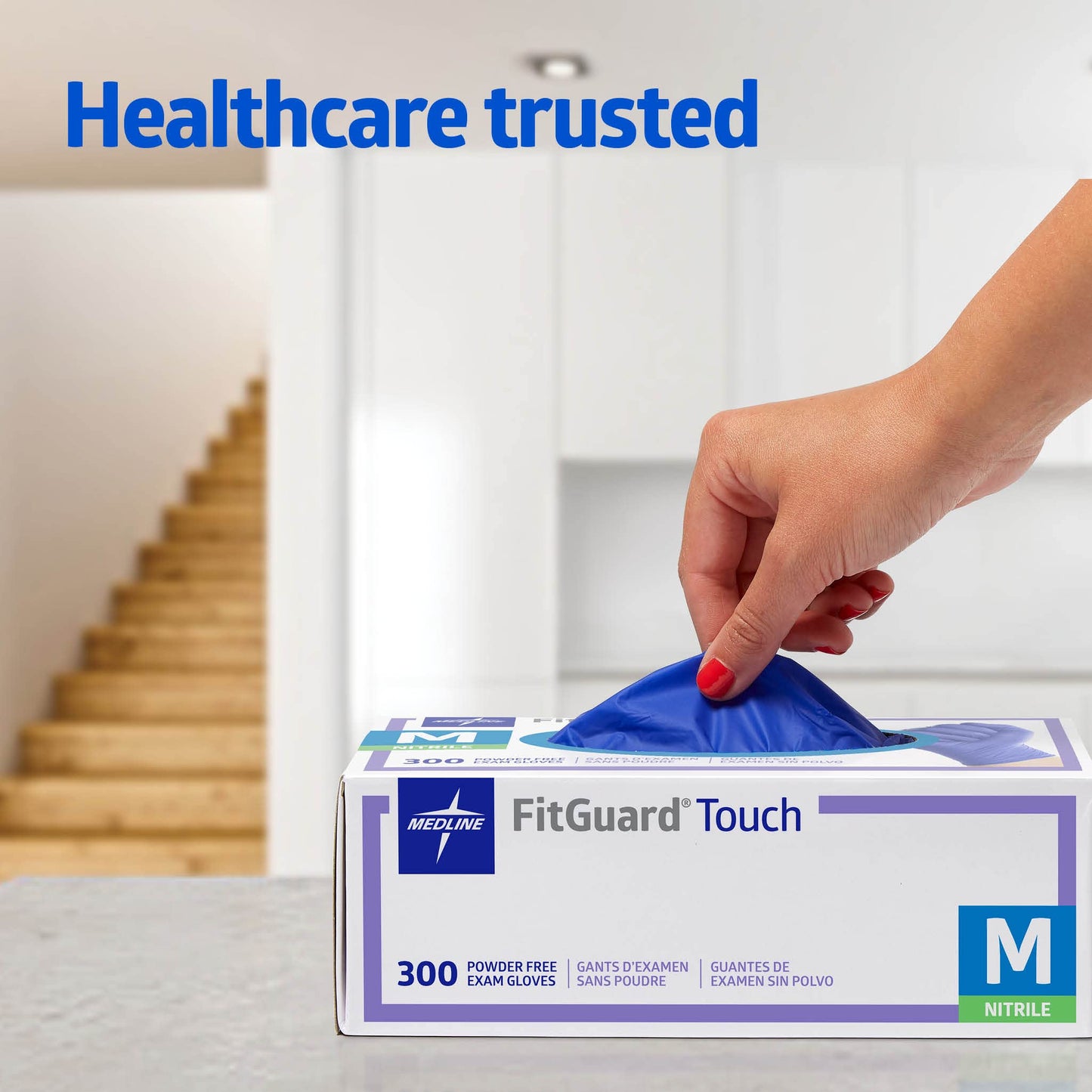 Medline FitGuard Touch Nitrile Exam Gloves, Disposable, Powder-Free, Cobalt Blue, Medium, Box of 300