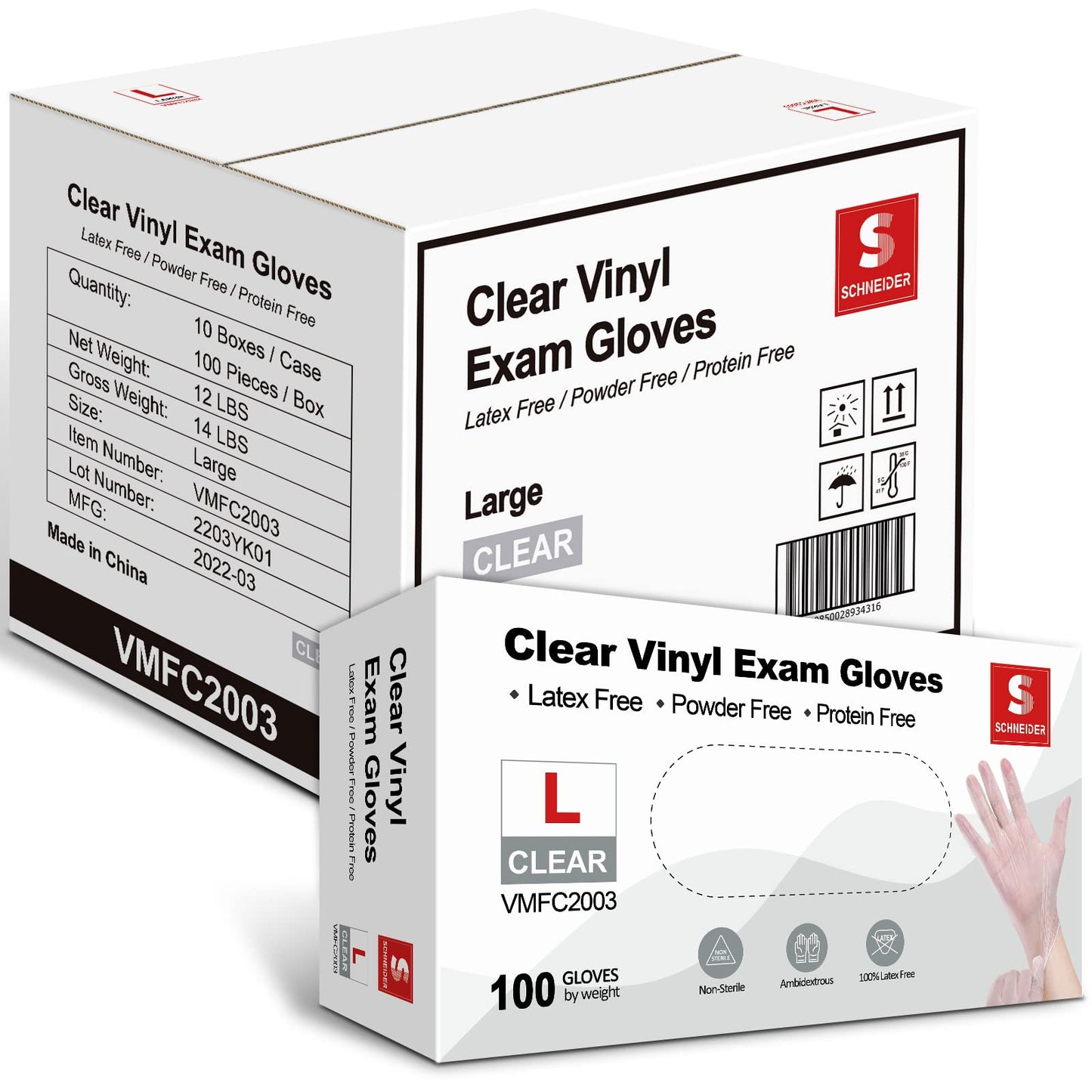 Schneider Clear Vinyl Exam Gloves, 4-mil, Large 1000-ct Case, Latex-Free, Disposable Gloves, Medical Gloves, Cleaning Gloves, Food Prep Gloves, Food Safe Rubber Gloves, Powder-Free, Non-Sterile