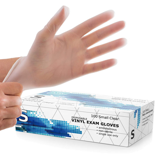 Dre Health Powder Free Disposable Gloves - Clear Vinyl Medical Exam Gloves, 100 Pack, Small