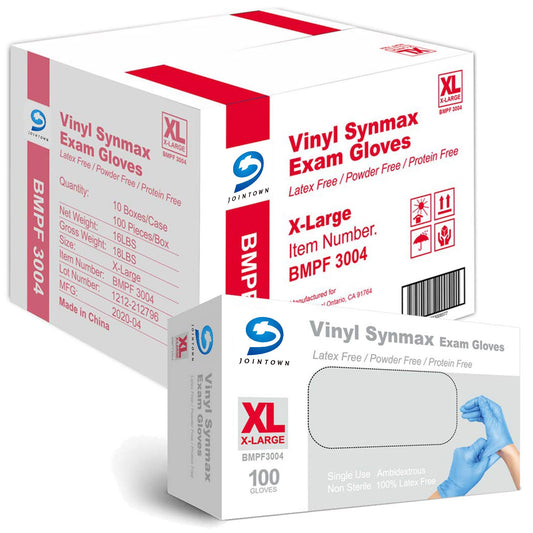 Basic Synmax Vinyl Exam Gloves Disposable Exam Gloves, 4 Mil, Latex & Powder Free, BMPF-3004，Blue XL Size Case of 1000