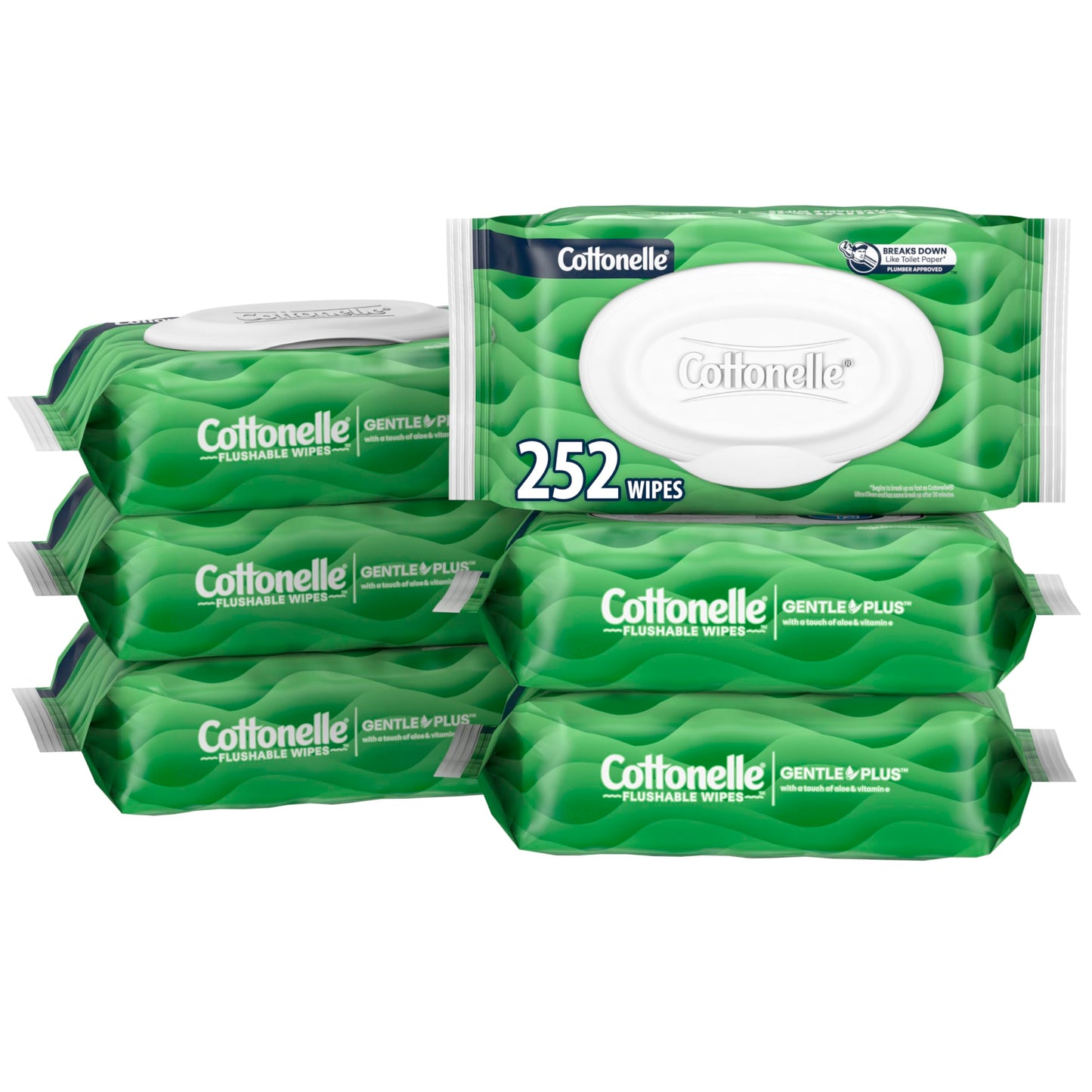 Cottonelle GentlePlus Flushable Wet Wipes with Aloe & Vitamin E, 6 Flip-Top Packs, 42 Wipes Per Pack (252 Total Wipes), Packaging May Vary