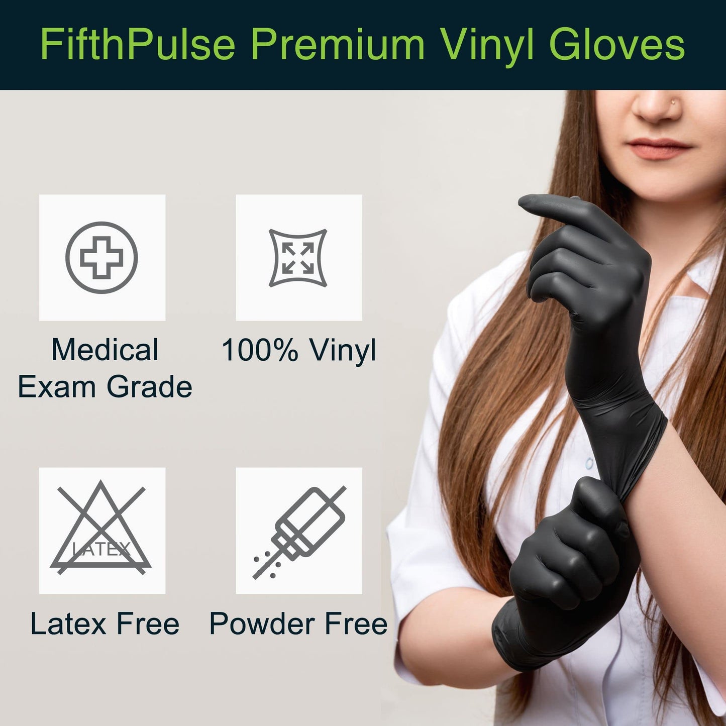 FifthPulse Black Vinyl Disposable Gloves Large 50 Pack - Latex Free, Powder Free Medical Exam Gloves - Surgical, Home, Cleaning, and Food Gloves - 3 Mil Thickness