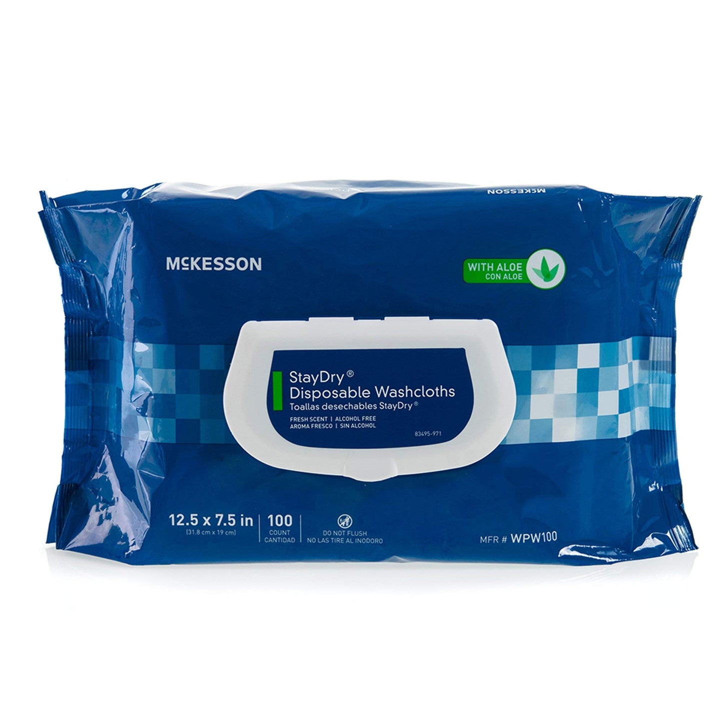 McKesson StayDry Disposable Wipe - Large Adult Body and Incontinence Washcloths with Aloe and Vitamin E, Alcohol-Free, 100 Wipes Per Pack