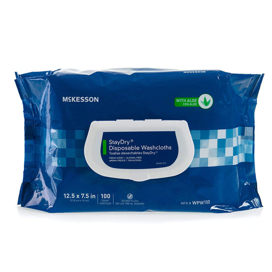 McKesson StayDry Disposable Wipe - Large Adult Body and Incontinence Washcloths with Aloe and Vitamin E, Alcohol-Free, 100 Wipes Per Pack