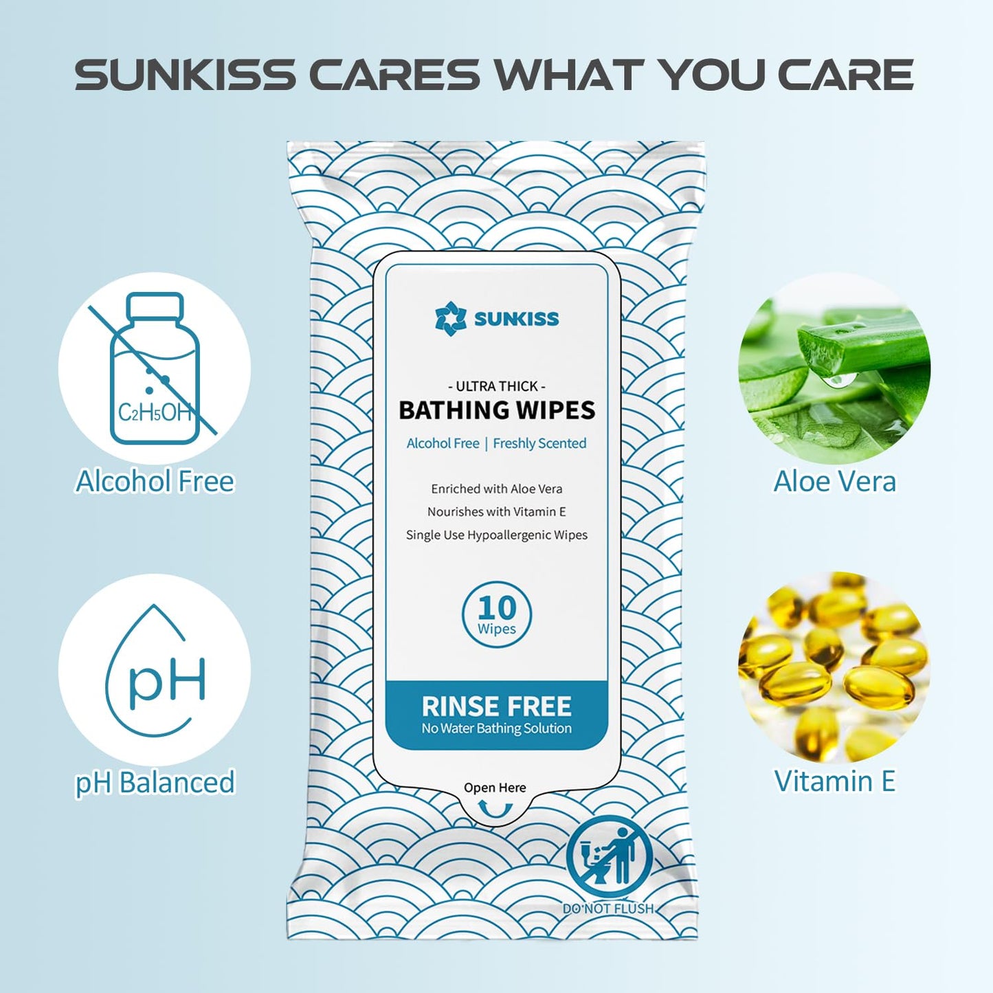 SUNKISS TrustPlus Bathing Wipes with Aloe, Extra Thick 8"x12" Body Cleansing Wipes for Adults Sensitive Skin, Camping, Travelling, Gym, Caring, 40 Count