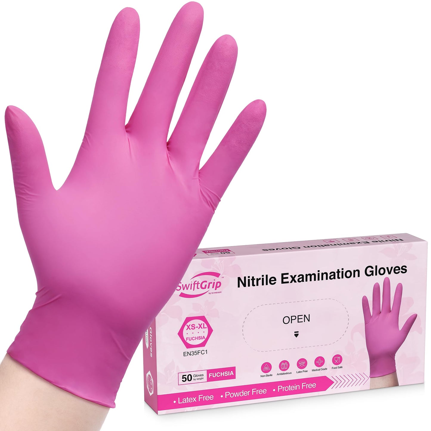 SwiftGrip Powder-Free Nitrile Gloves, Medium, 50ct Box - 3-mil, Disposable, Latex-Free, for Kitchen, Cleaning, Estheticians, Hair Stylist - Pink/Fuchsia