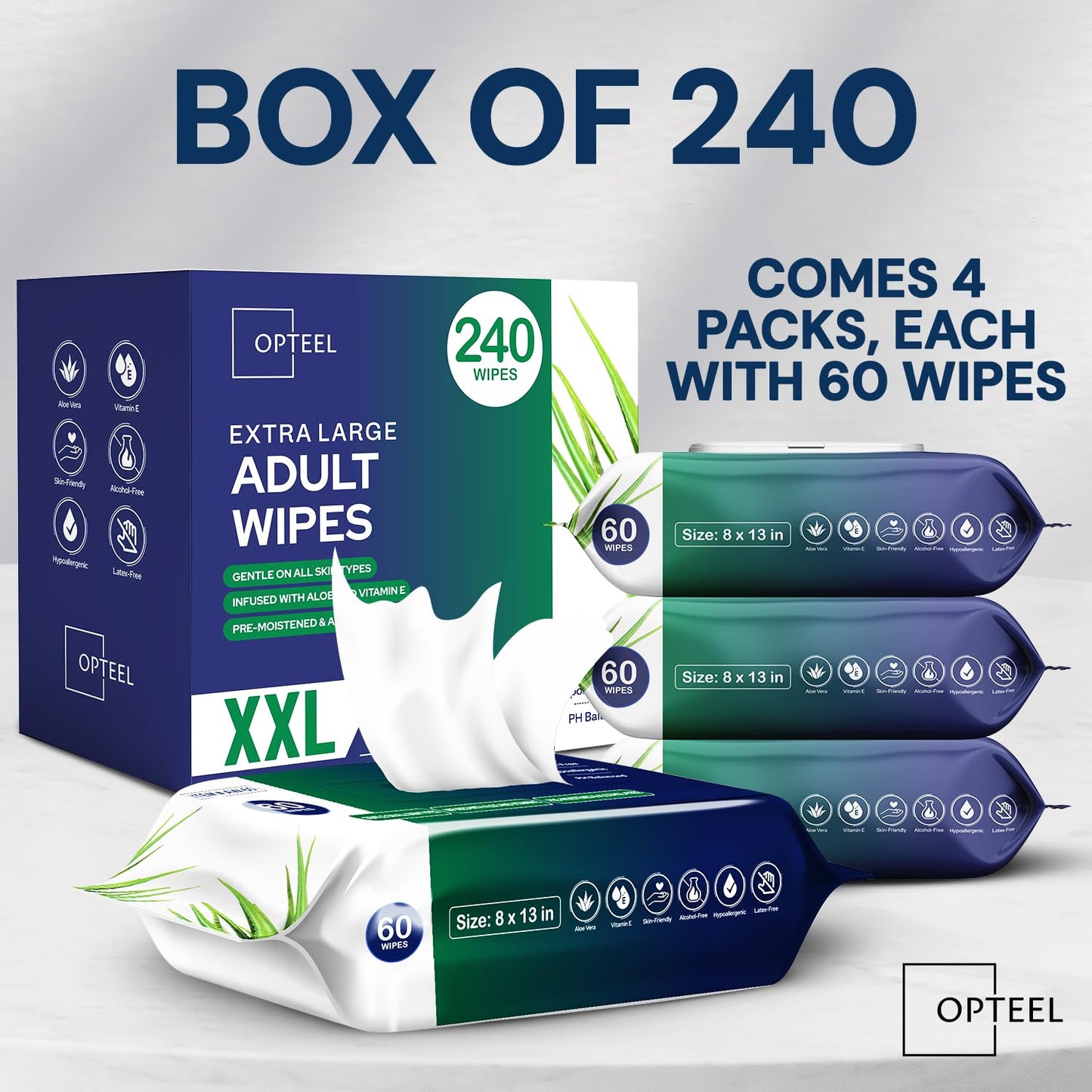 Adult Wipes For Elderly - 8"x13" 240ct (4 Packs of 60) Huge & Super Soft Body Wipes for Adults Bathing No-Rinse - Thick Incontinence Disposable Washcloths, Vitamin E & Aloe Infused Shower Wipes.