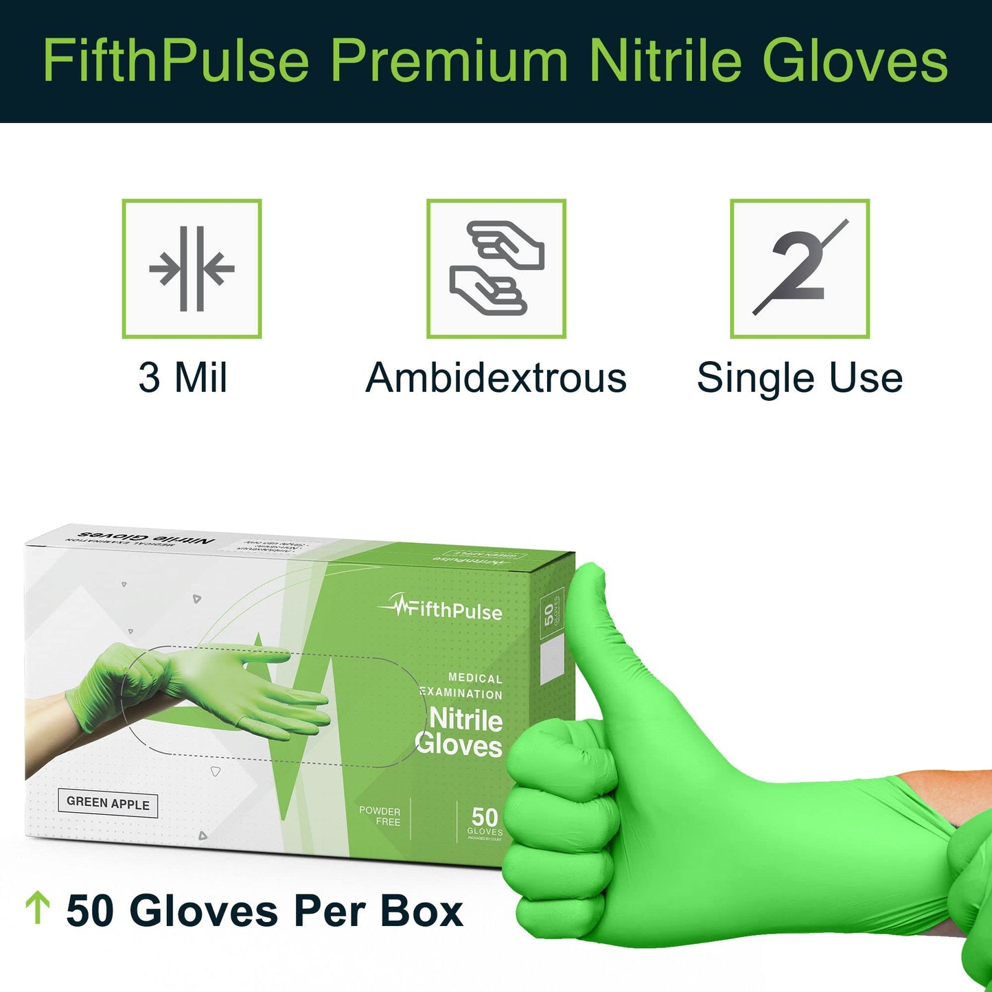 FifthPulse Green Nitrile Disposable Gloves - 50 Count - 3 Mil Nitrile Gloves Large - Powder and Latex Free Rubber Gloves - Surgical Medical Exam Gloves - Food Safe Cooking Gloves