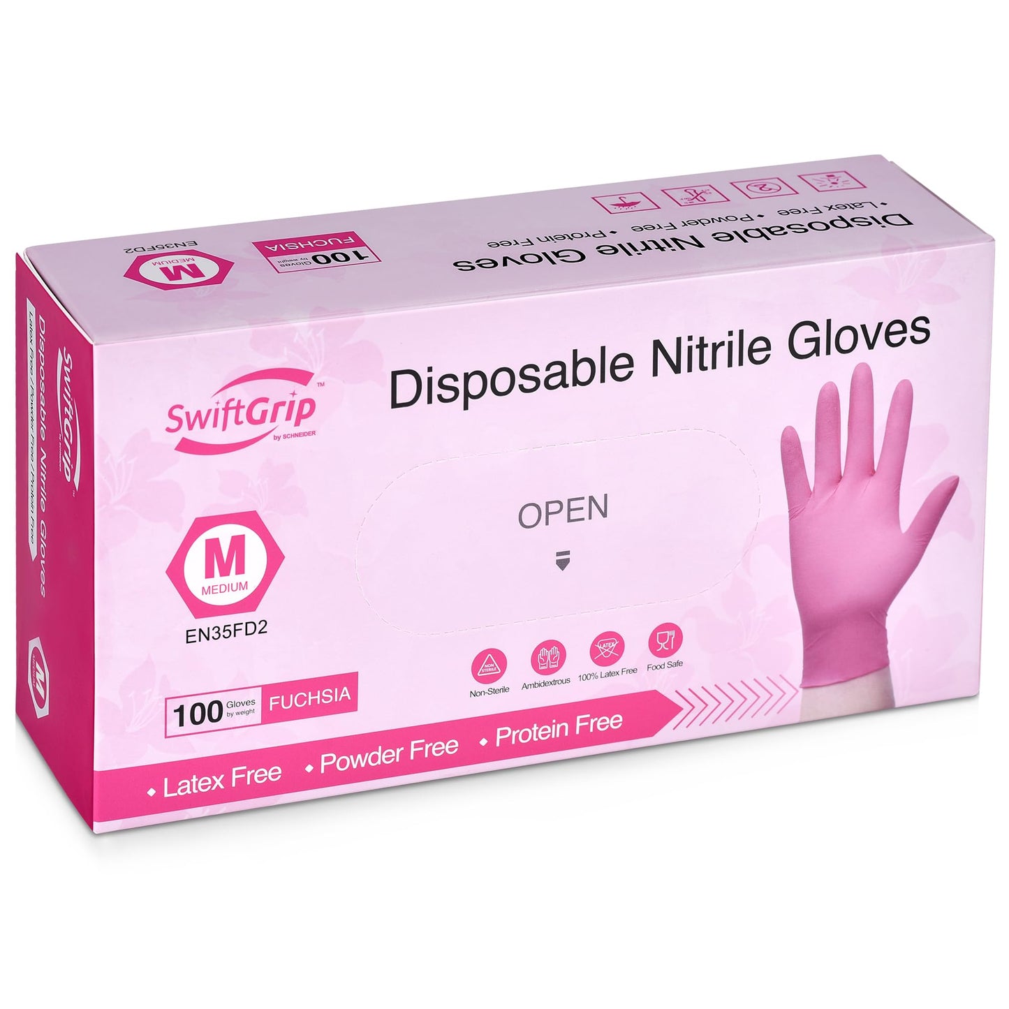 SwiftGrip Powder-Free Nitrile Gloves, Medium, 100ct Box - 3-mil, Disposable, Latex-Free, for Kitchen, Cleaning, Estheticians, Hair Stylist - Pink/Fuchsia