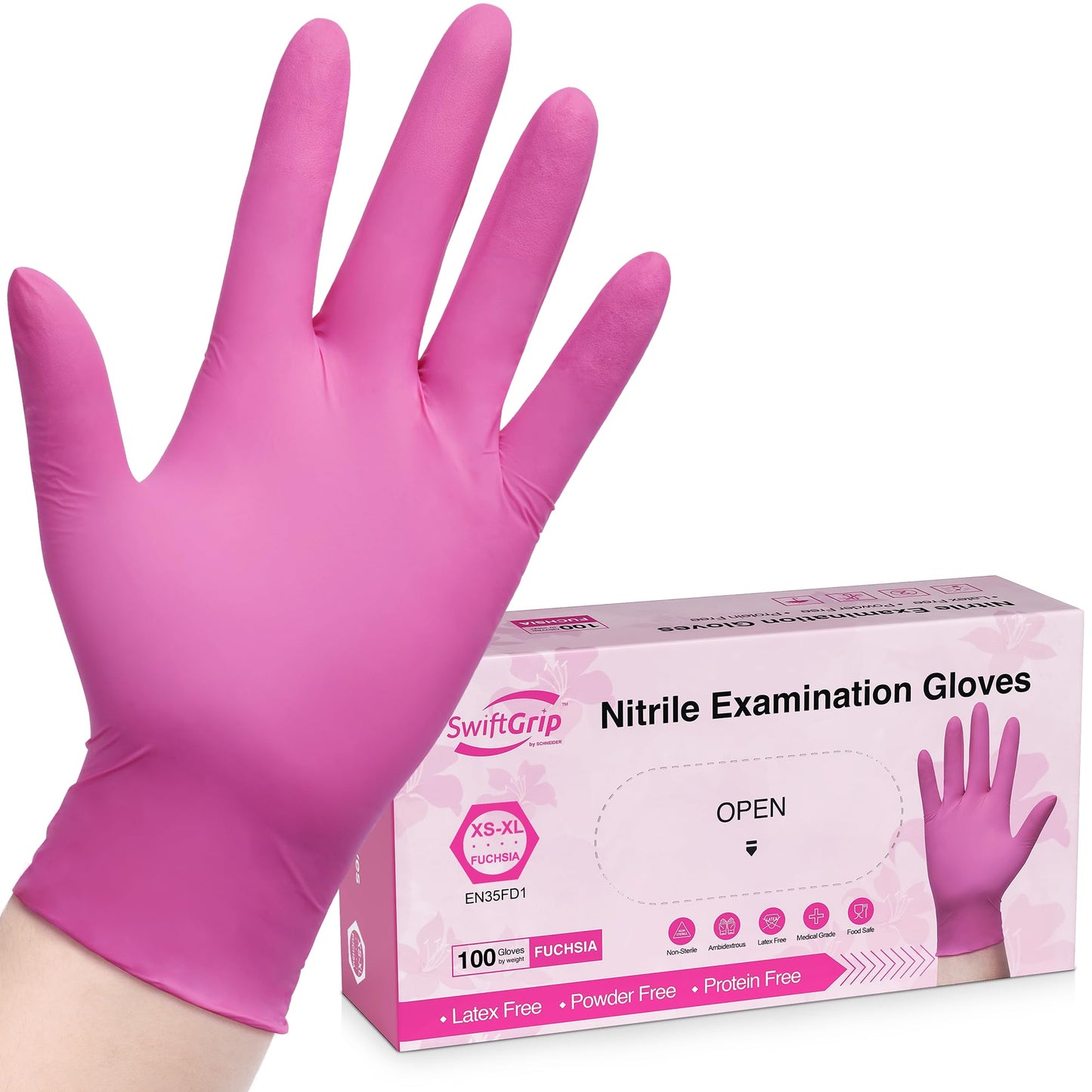 SwiftGrip Powder-Free Nitrile Gloves, Medium, 100ct Box - 3-mil, Disposable, Latex-Free, for Kitchen, Cleaning, Estheticians, Hair Stylist - Pink/Fuchsia