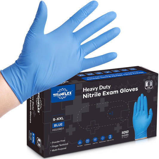 TitanFlex Nitrile Exam Gloves, Blue, 6-mil, Medium, Box of 100, Heavy Duty Nitrile Gloves Disposable Latex Free, Powder Free, Medical Gloves, Cooking Gloves, Mechanic Gloves, Cleaning Gloves