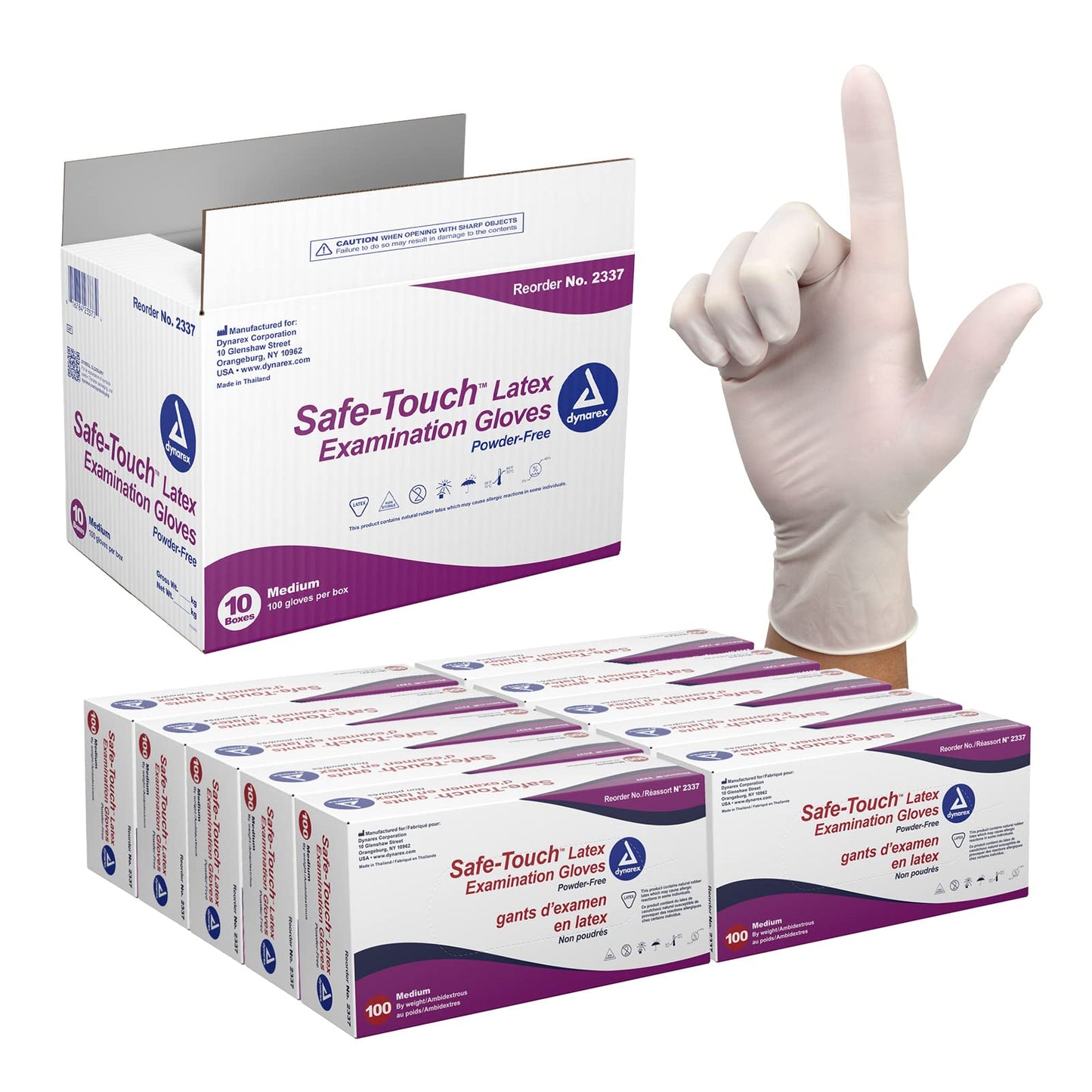 Dynarex Safe-Touch Disposable Latex Exam Gloves, Powder-Free - Healthcare, Corrections/Law Enforcement, Salon/Spa - Bisque, Medium, 1 Case - 10 Boxes of 100 Gloves