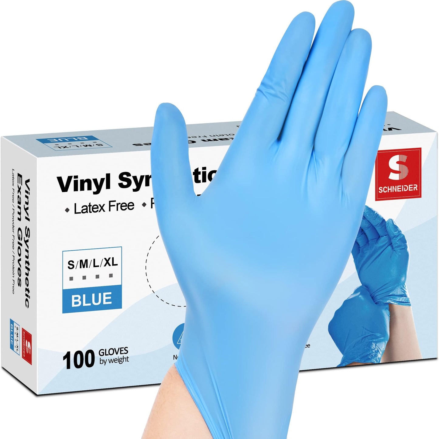 Schneider Blue Vinyl Synthetic Exam Gloves, Medium, Box of 100, 4mil, Powder-Free, Latex-Free, Non-Sterile, Disposable Gloves