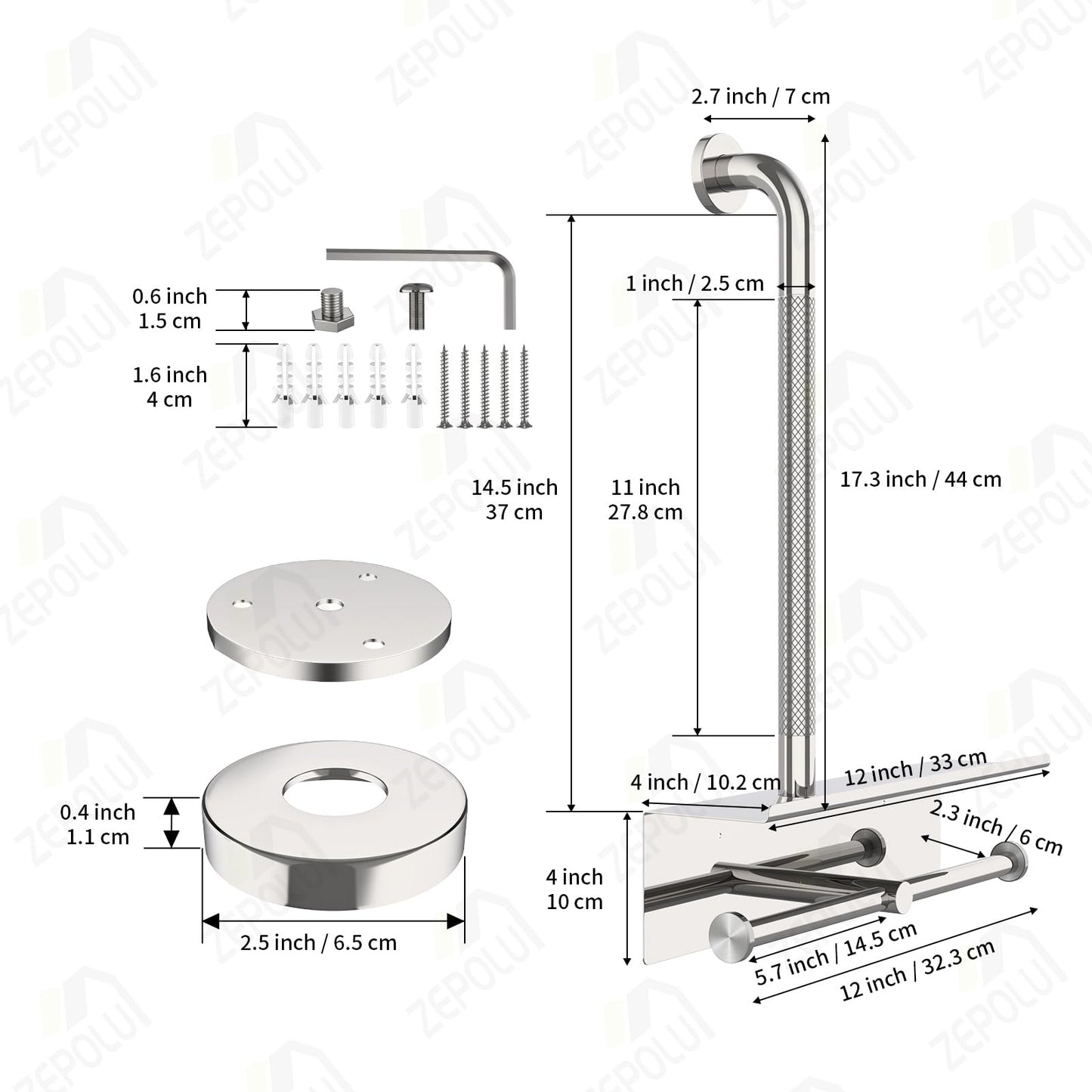 Chrome Bathroom Grab Bar w/Toilet Paper Roll Holder & Wet Wipes Shelf, Zepolu Stainless Steel Anti-Slip Safety Toilet Bar, Wall Mounted Balanced Support Handrail w/Storage Shelf for Senior Elderly