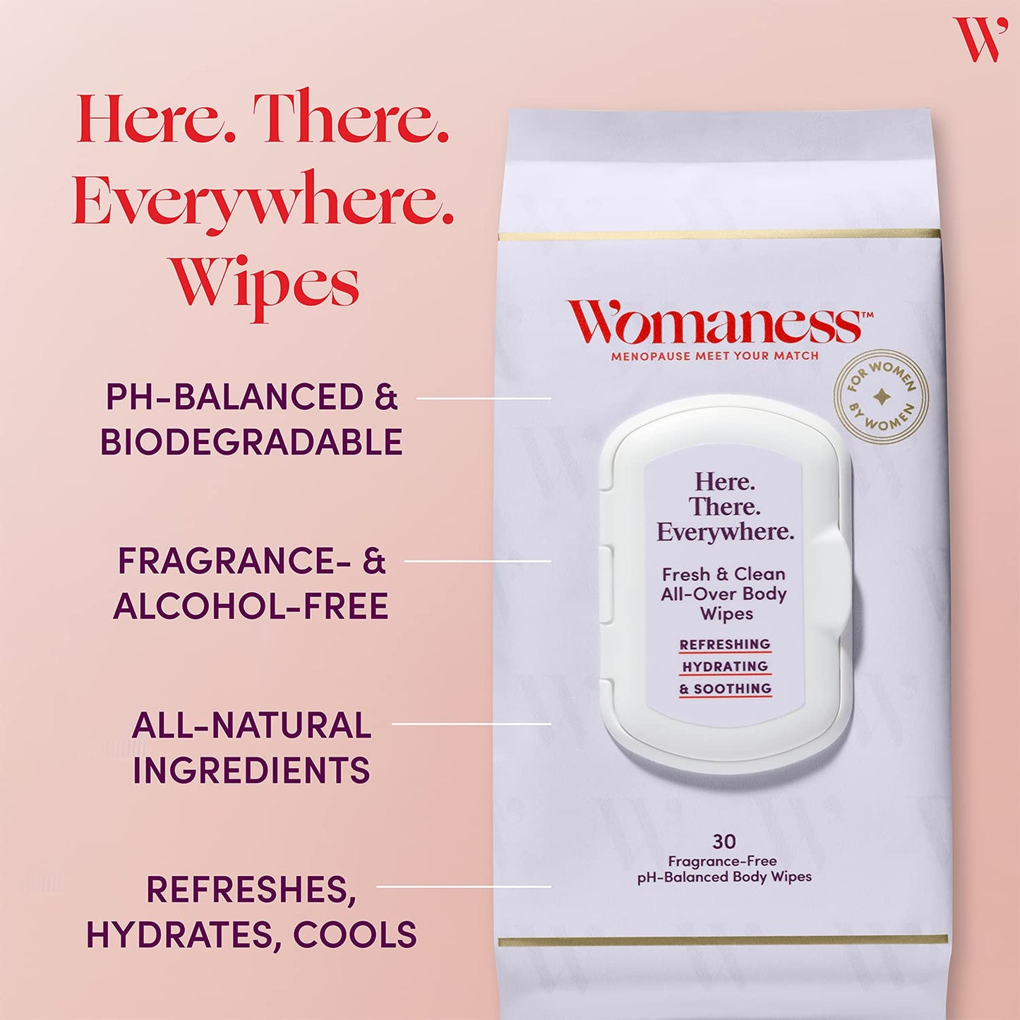 Womaness Here There Everywhere Feminine Wipes - Menopause Support Refreshing & Hydrating All Over Cooling Wipes - Soothing Body Cleansing Wipes for Hot Flashes, Odor & Dry Skin (3 Pack / 90 Wipes)