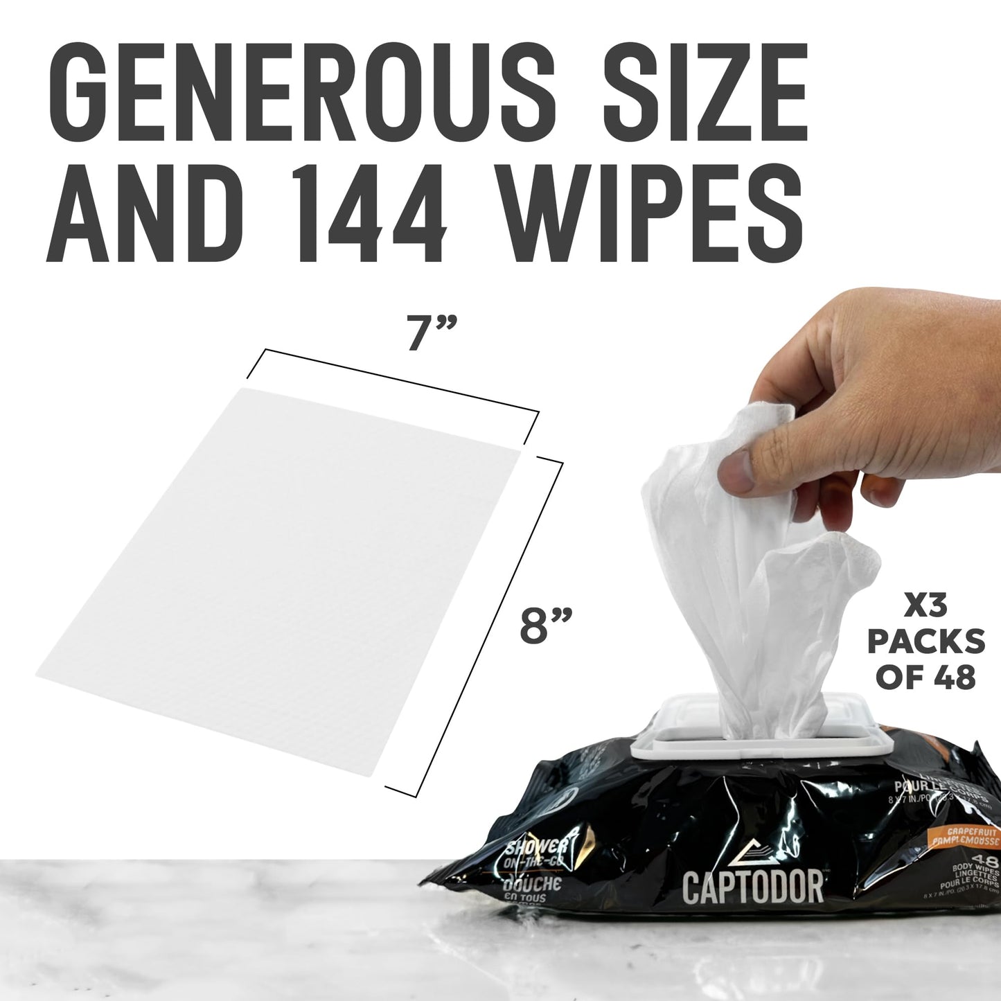 Captodor Body Wipes, Pack of 2, Total of 96 Wipes, 8 x 7 inches, Wet Wipes Shower on the Go, Grapefruit Scent, Essential Travel Wipes For Men & Women (2-Pack)