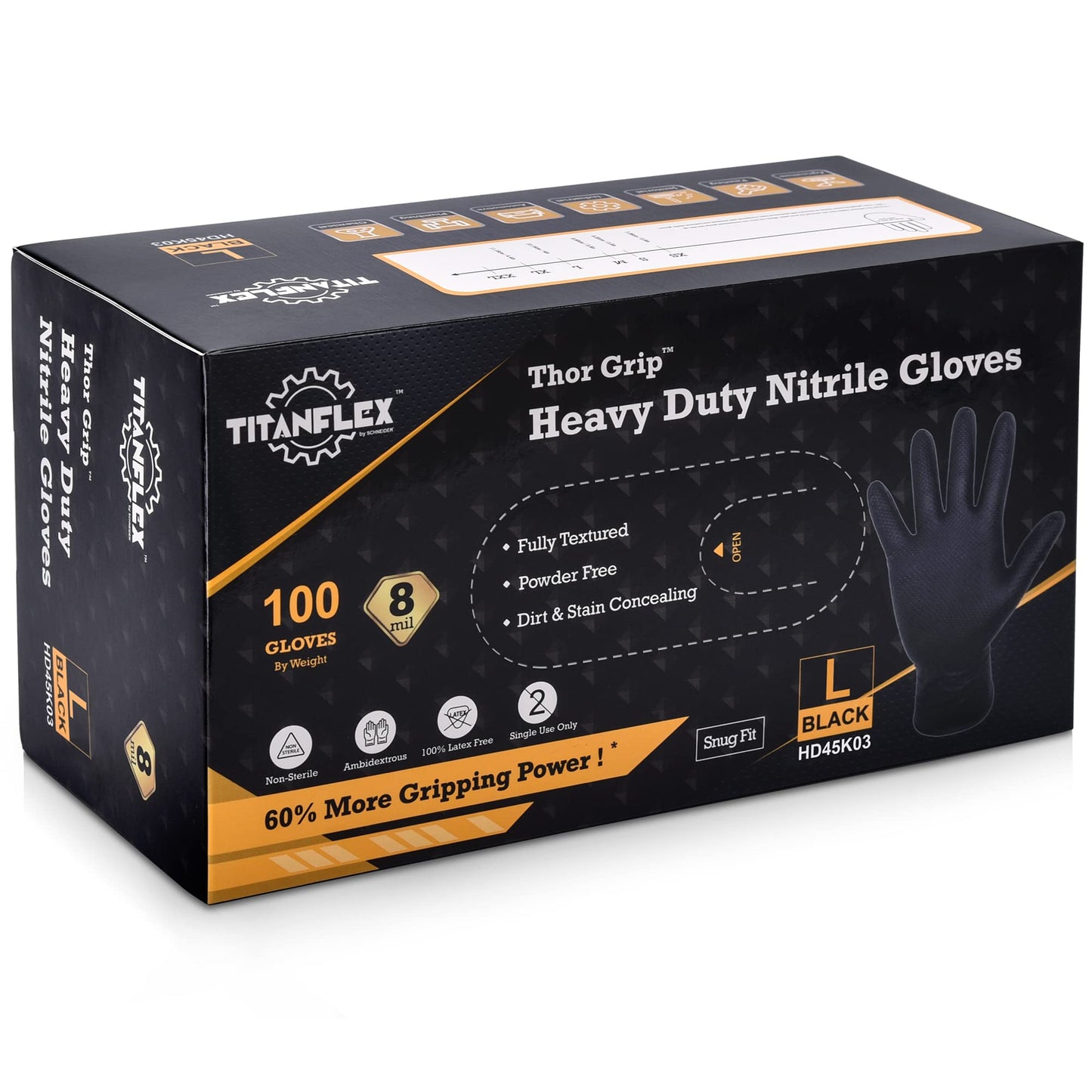 TitanFlex Thor Grip Heavy Duty Black Industrial Nitrile Gloves, 8-mil, Large, Box of 100, Latex Free, Raised Diamond Texture, Powder Free, Food Safe, Rubber Gloves, Mechanic Gloves