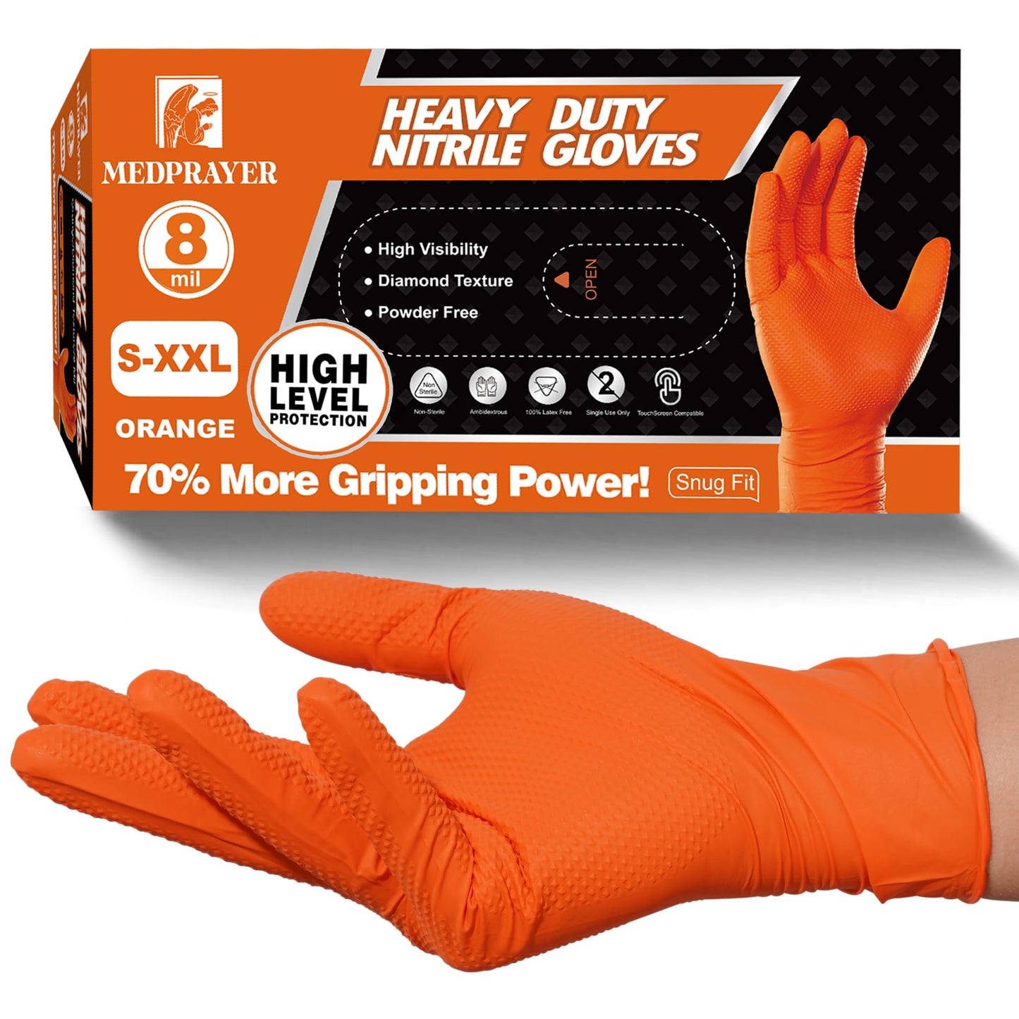 MEDPRAYER Industrial Orange Nitrile Gloves – Disposable Rubber Gloves 8 Mil – Raised Diamond Texture, Latex & Powder Free - Size XL, Pack of 100