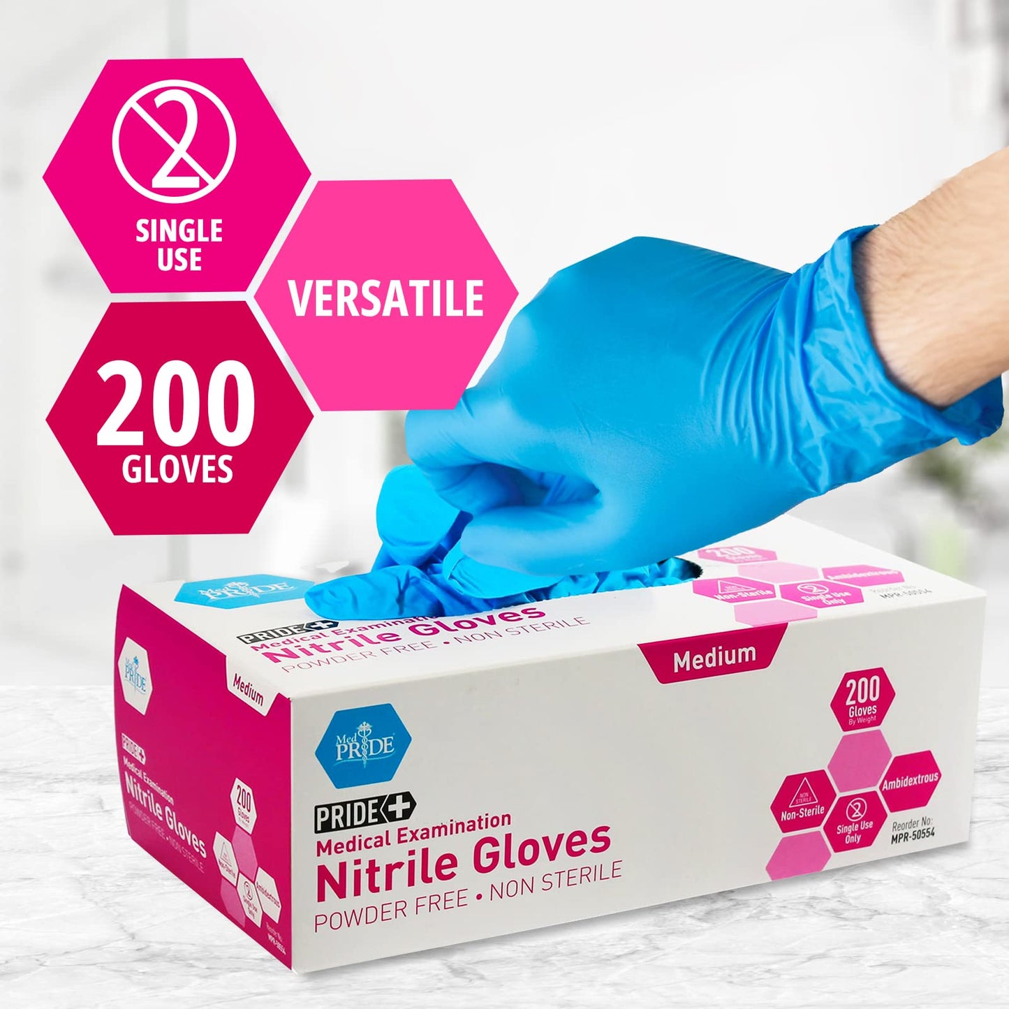 Medpride Medical Examination Nitrile Gloves, Large, Blue, Latex/Powder-Free, Non-Sterile, 200 Count