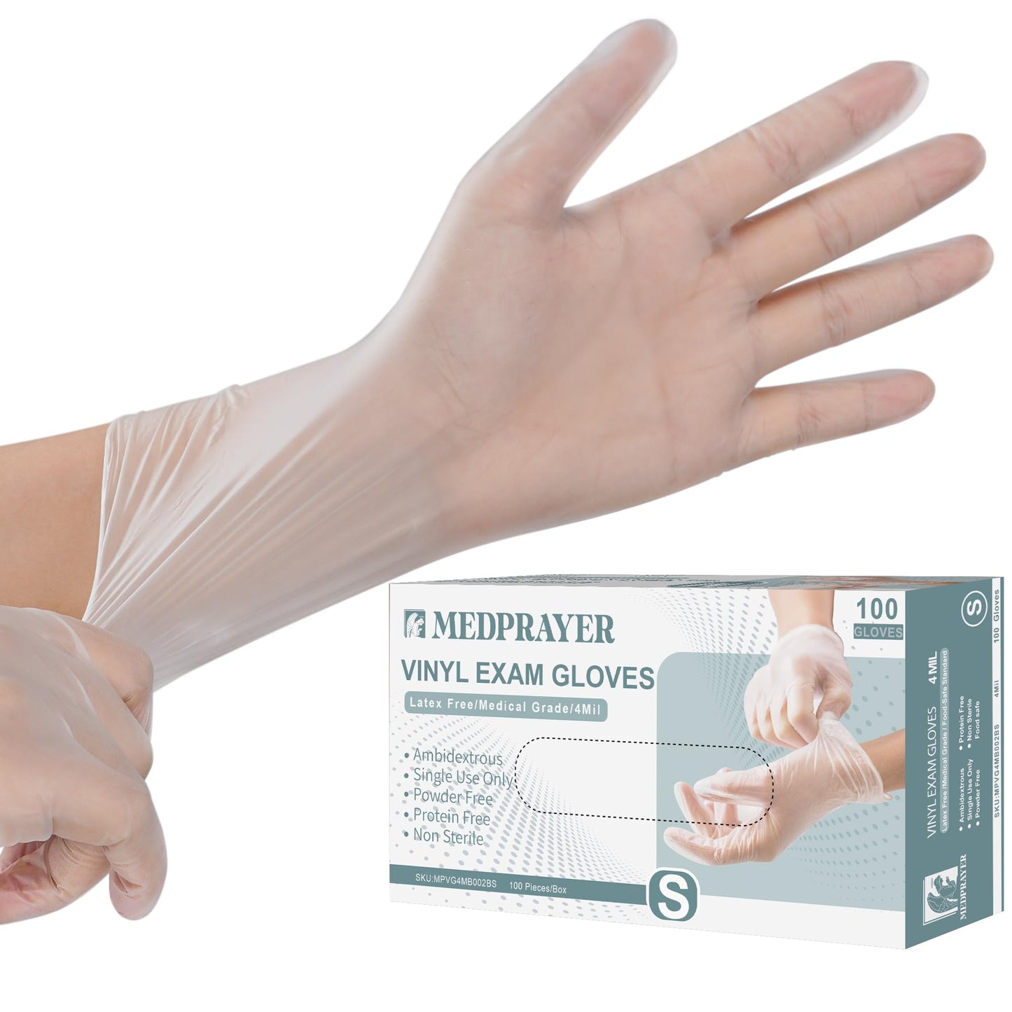 MEDPRAYER Vinyl Exam Gloves - Disposable Latex & Powder Free Gloves for Cleaning, Hand Protection and Food Safe Use - 4 Mil, Medium, 100 Count