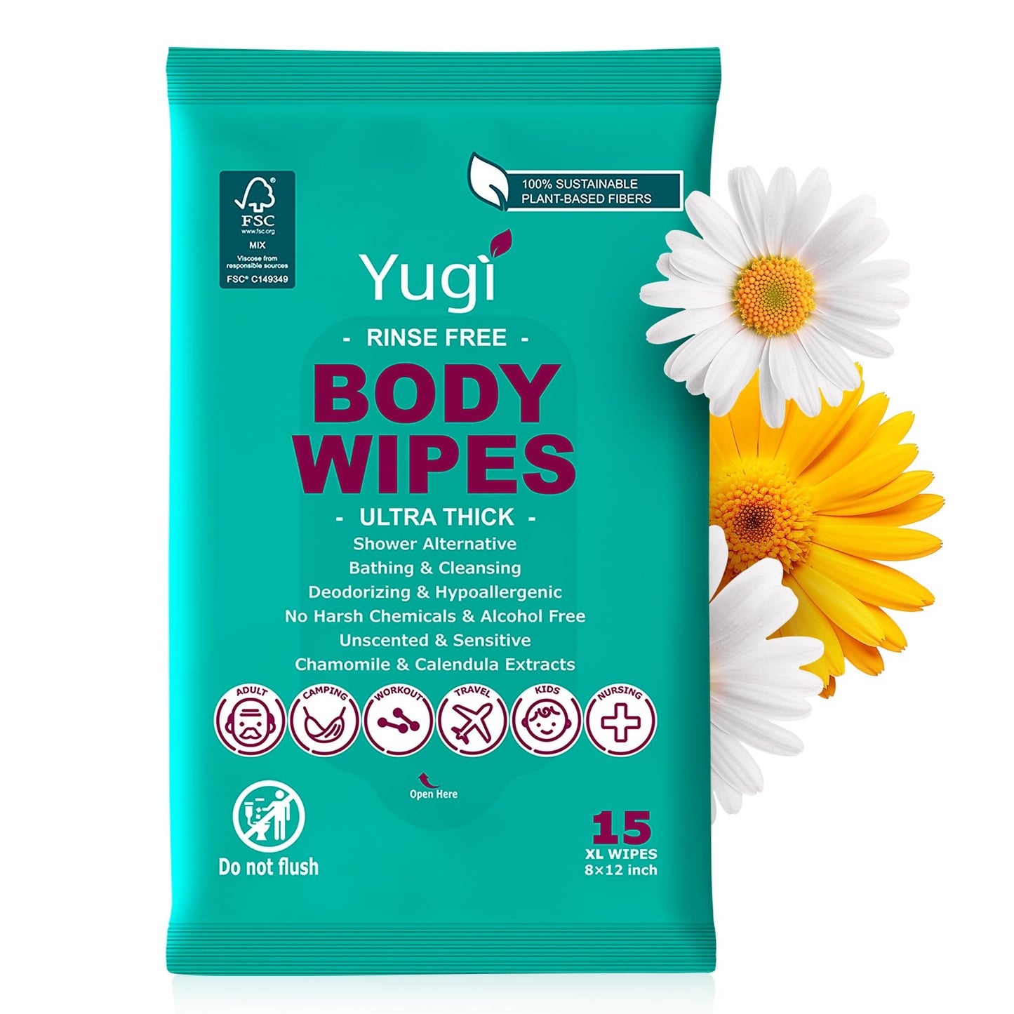 Body wipes (1 pack) 15 XL ultra thick shower wipes for Adult Bathing,Camping,Traveling,Gym,Nursing,car,Unscented,no-rinse bathing washcloths,Shower alternative face and body extra moist wipes