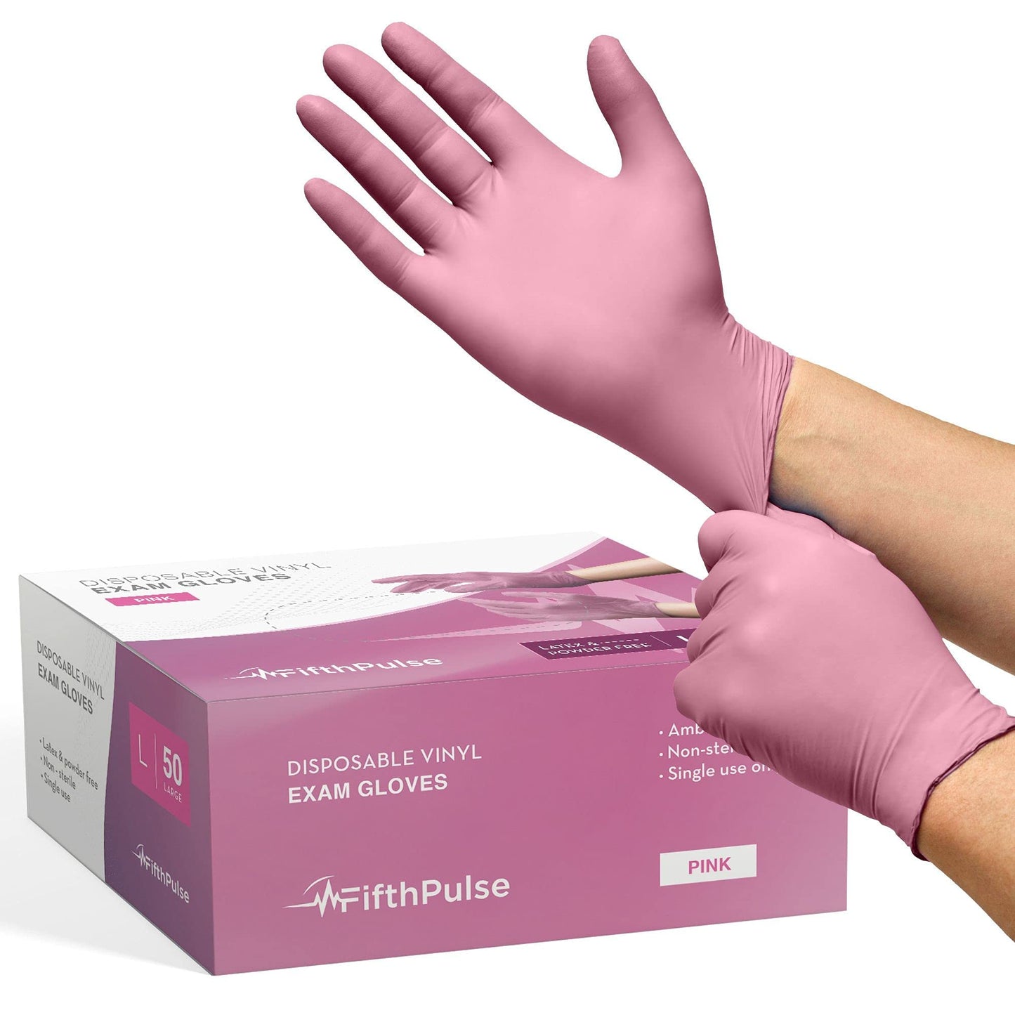 FifthPulse Pink Vinyl Disposable Gloves Large 50 Pack - Latex Free, Powder Free Medical Exam Gloves - Surgical, Home, Cleaning, and Food Gloves - 3 Mil Thickness