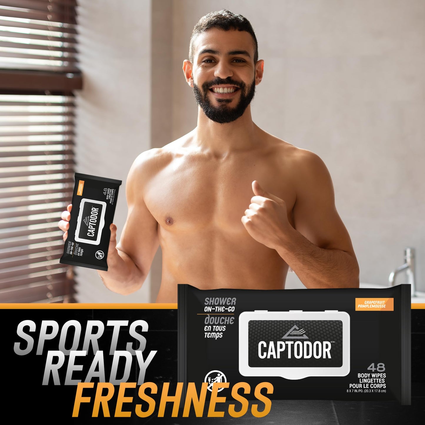 Captodor Body Wipes, Pack of 2, Total of 96 Wipes, 8 x 7 inches, Wet Wipes Shower on the Go, Grapefruit Scent, Essential Travel Wipes For Men & Women (2-Pack)