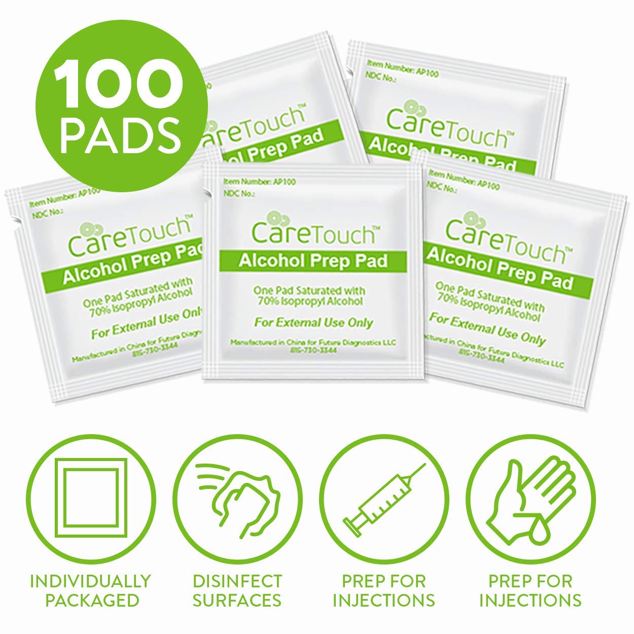 Care Touch Alcohol Wipes - Individually Wrapped Alcohol Prep Pads with 70% Isopropyl Alcohol, Great for Medical & First Aid Kits - Sterile, Antiseptic 2-Ply Rubbing Alcohol Pads - 100 Count