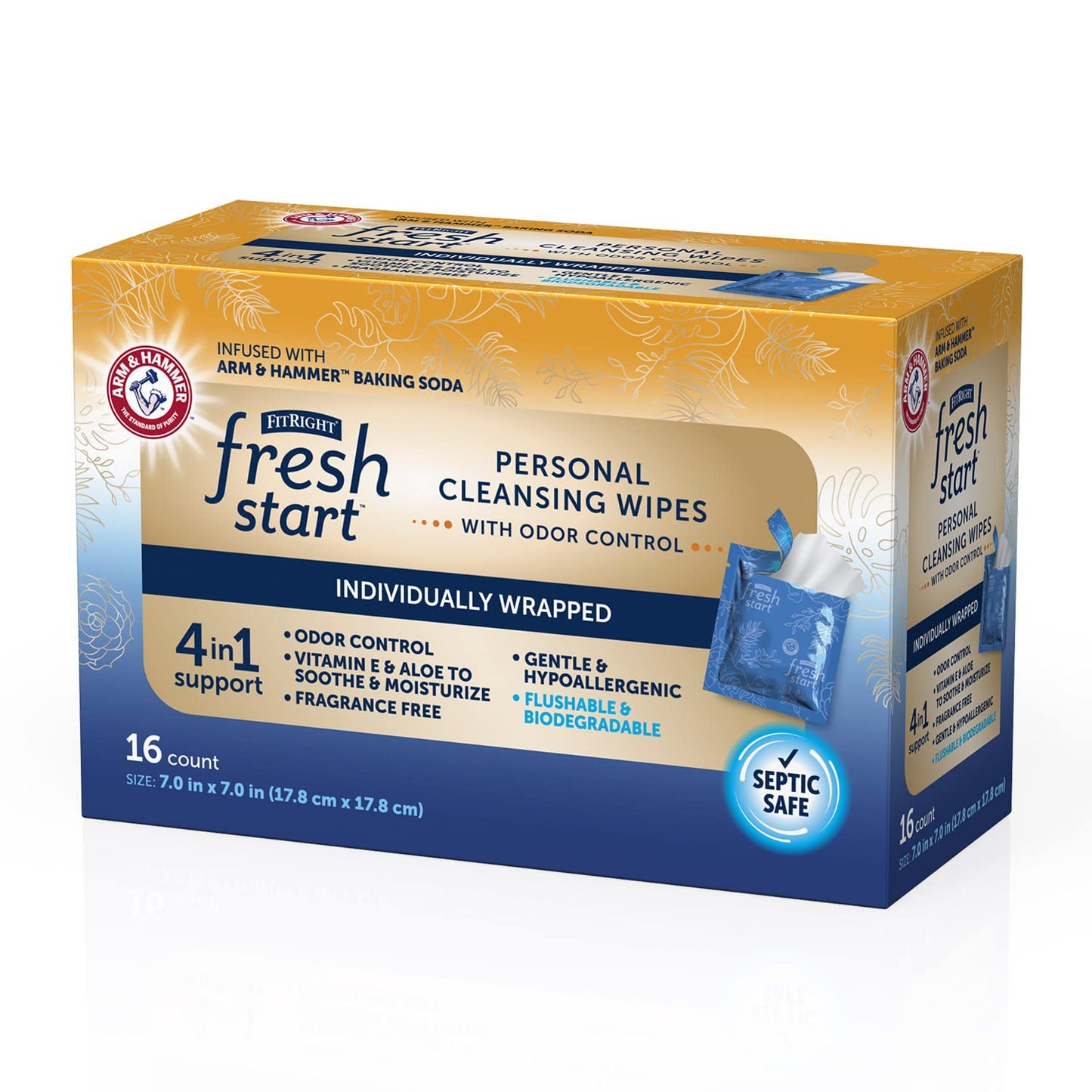 FitRight Fresh Start On-The-Go Flushable Wipes (48 Count), Personal Cleansing Wipes, Individually Wrapped Sachets for Urinary Incontinence with The Odor-Control Power of ARM & Hammer Baking Soda