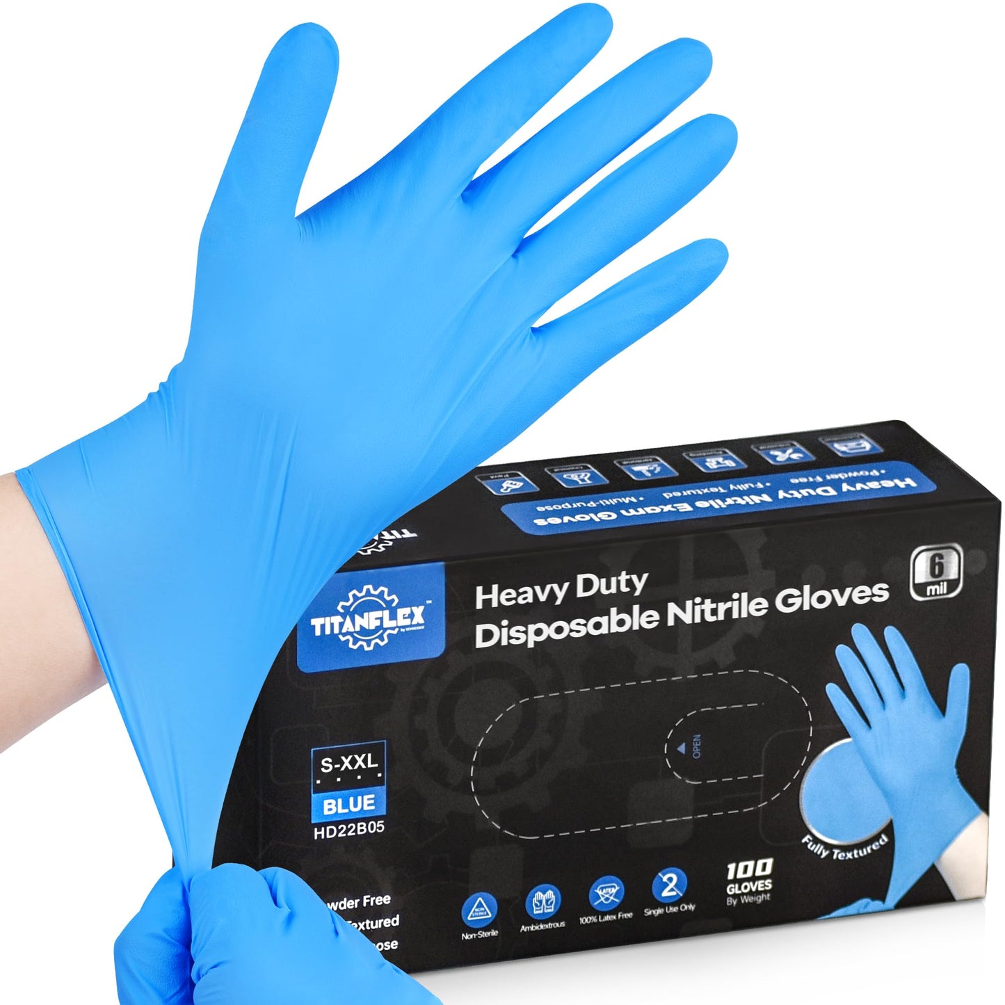 TitanFlex Heavy-Duty Blue Disposable Nitrile Gloves, Large, Box of 100, 6-mil, Fully Textured, Powder-Free, Latex-Free