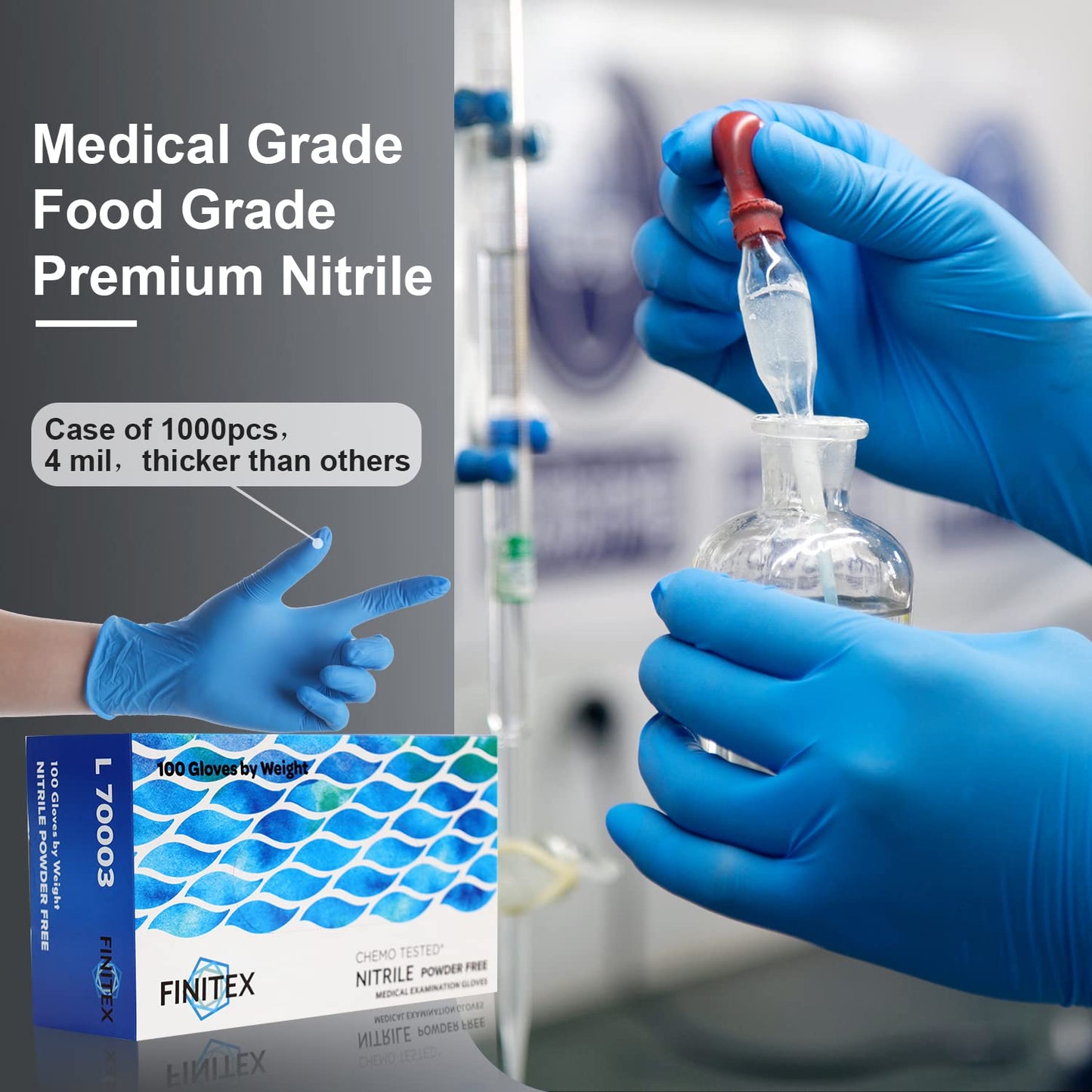 FINITEX Nitrile Disposable Medical Exam Gloves - 4 mil Powder-free Stretch Latex-Free Blue Gloves 100 PCS For Examination Home Cleaning Food Gloves (100, X-Large)