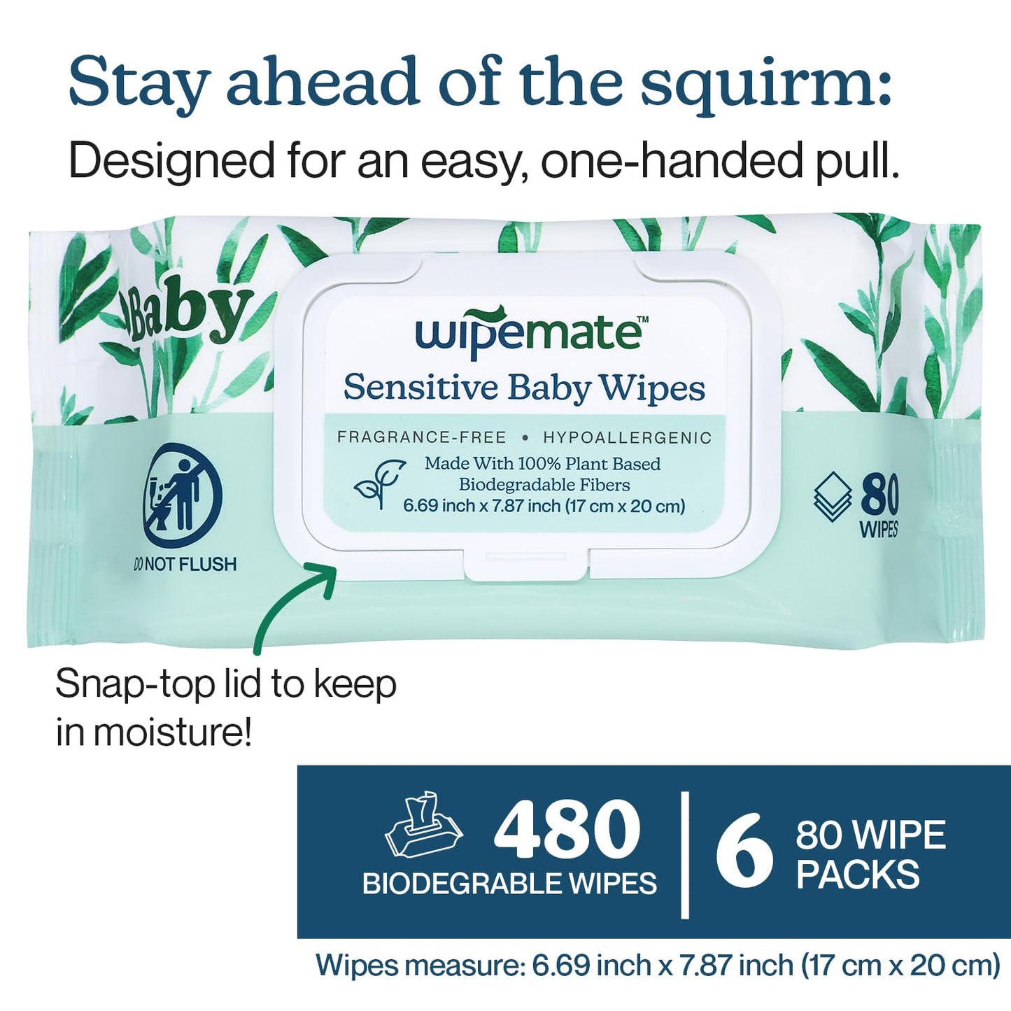 Wipemate Hypoallergenic Plastic-Free 99% Water Baby Wipes, Ultra-Soft Plant-Based Wipe, Alcohol-Free, pH-Balanced, Eco-Friendly Cruelty-Free Wipes with Premium Moisture-Sealed Flip-Top (480-Count)