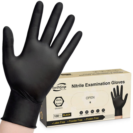 SwiftGrip Disposable Nitrile Exam Gloves, Black Nitrile Gloves Disposable Latex Free for Medical, Cooking & Esthetician, Food-Safe Rubber Gloves, Powder Free, Non-Sterile, 100-ct Box (Medium)