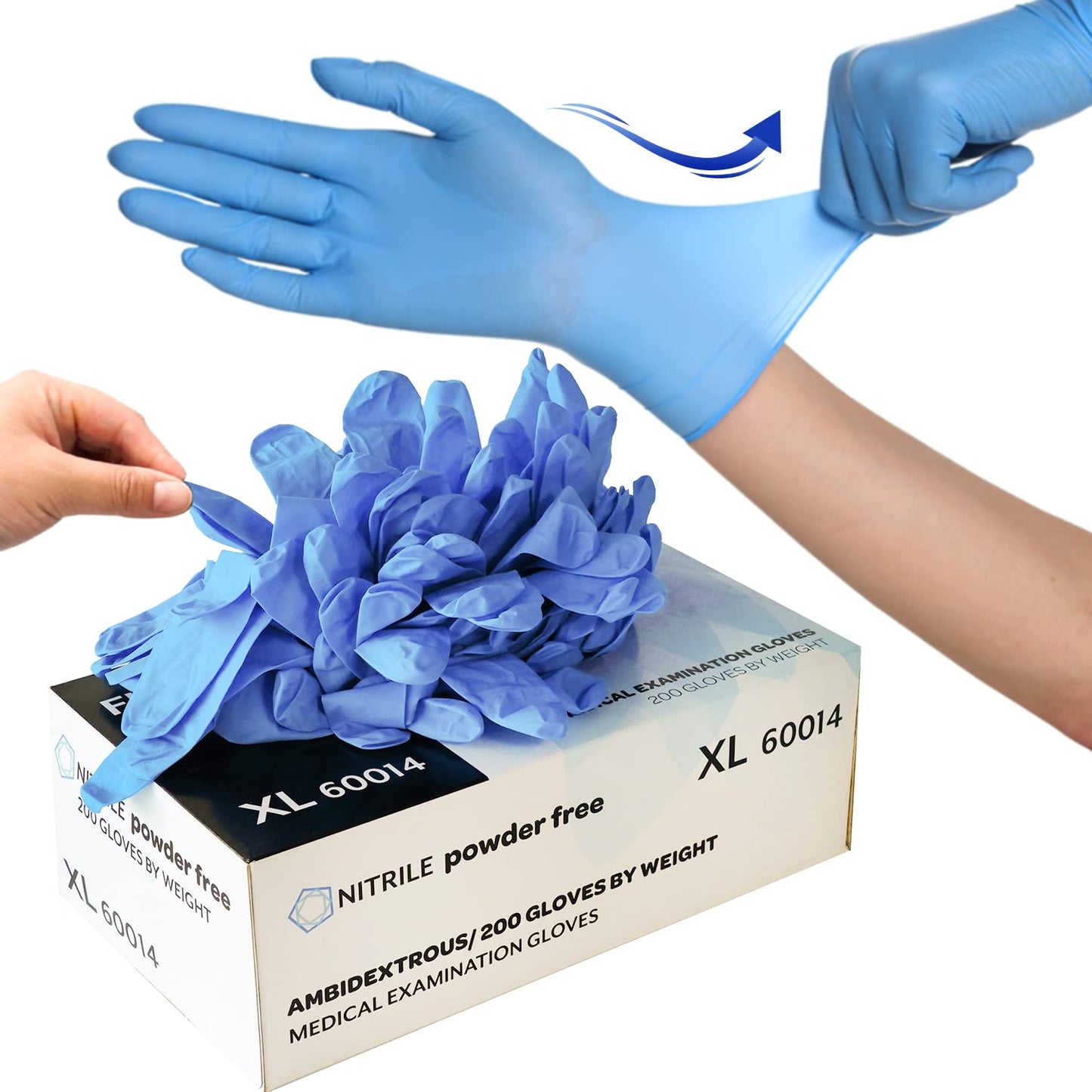 FINITEX Blue Disposable Nitrile Exam Gloves - 200 PCS/BOX 3.5mil Rubber Powder-Free Latex-Free Medical Examination Home Cleaning Food Gloves, X-LARGE