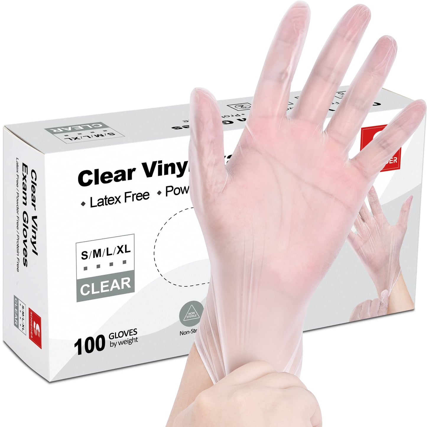 Schneider Clear Vinyl Exam Gloves, 4-mil, Large 100-ct Box, Latex-Free, Disposable Gloves, Medical Gloves, Cleaning Gloves, Food Prep Gloves, Food Safe Rubber Gloves, Powder-Free, Non-Sterile