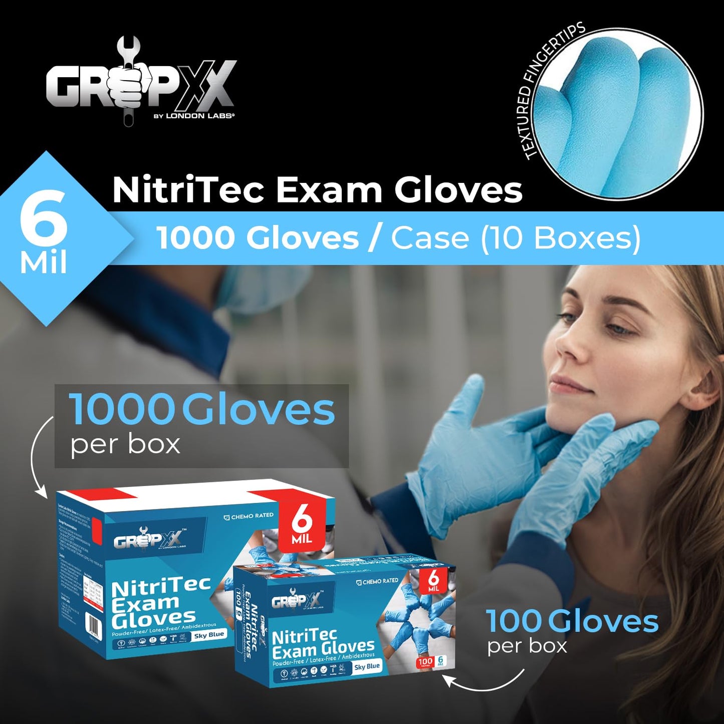 London Labs Nitritec Exam Gloves 6 Mil Disposable Latex Free & Powder Free (Large, 1000 Count)