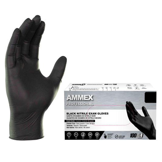 AMMEX Black Nitrile Disposable Exam Gloves, 3 Mil, Latex & Powder Free, Food-Safe, Textured, Non-Sterile, Medium, Box of 100