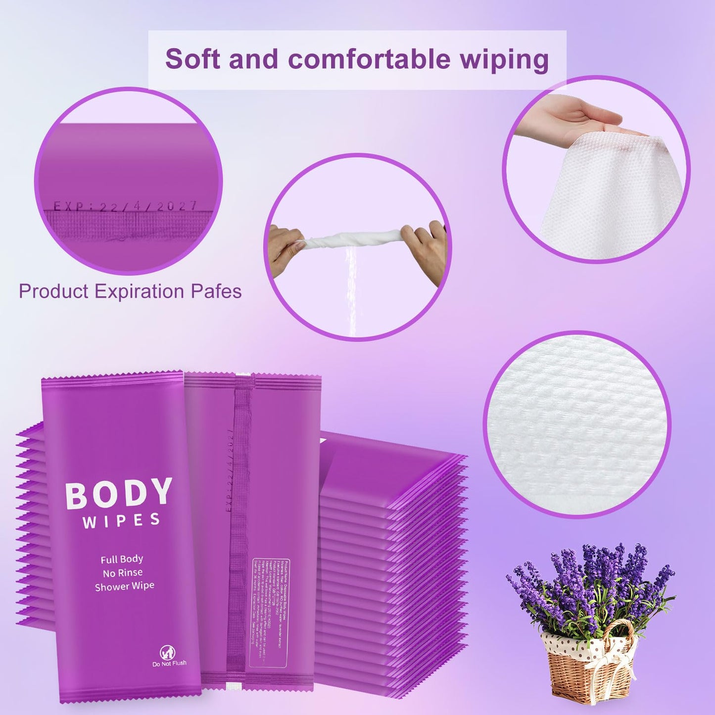 Individually Wrapped Body Wipes Bulk Bath Wipes, Women Men Large Adult Disposable Body Shower Wipes No Rinse-Free Bathing Cloths Wipes for Outdoors Sports After Gym Camping Travel (Purple 50 Pack)