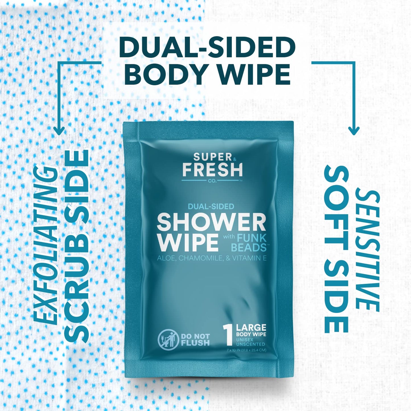 Super Fresh FunkBlock Shower Wipes - Large Body Wipes for Hygiene, Camping Wipes, Gym & Travel. No Rinse Bathing Wipes with Aloe & Vitamin E. Unscented. Bag of (10) Individually Wrapped Wipes