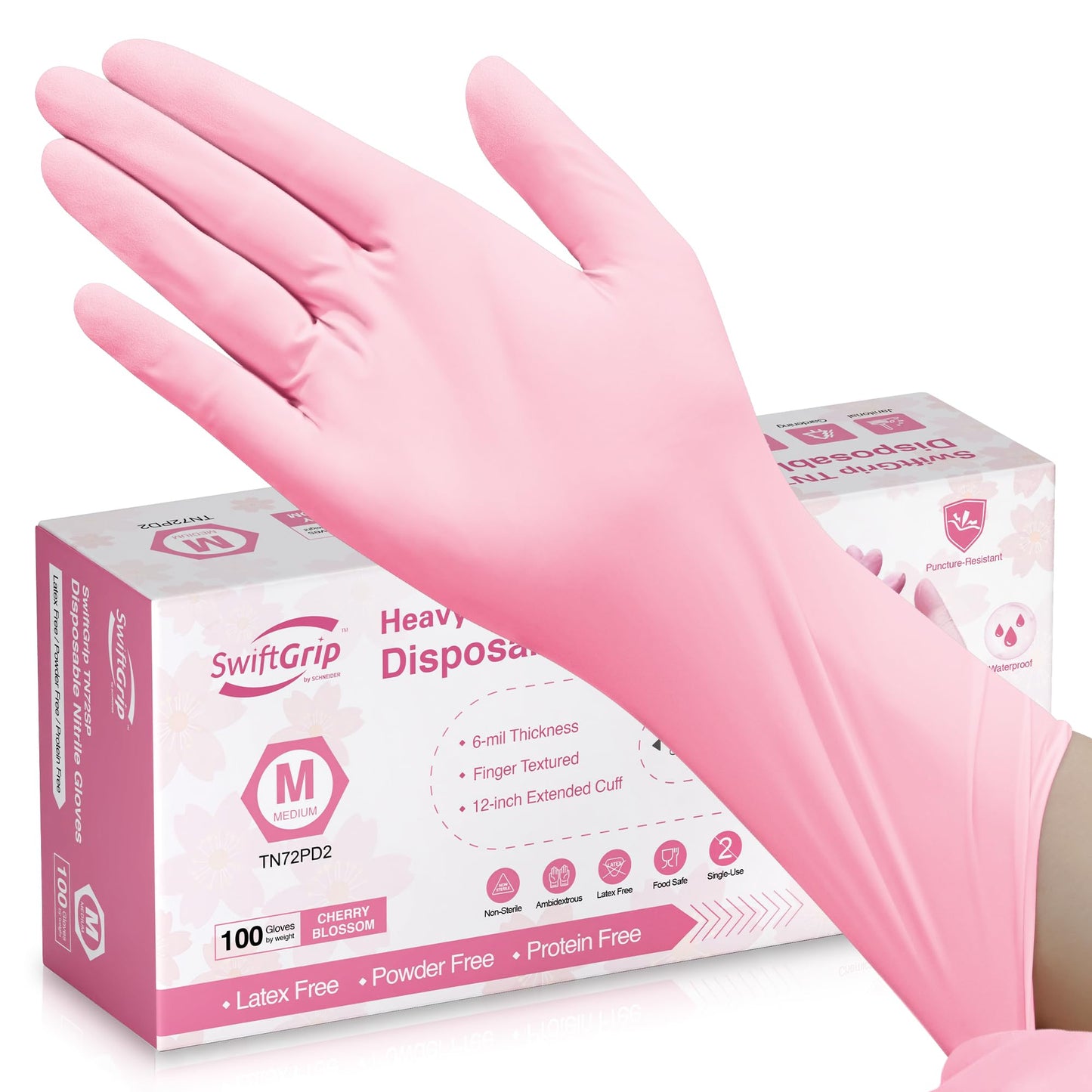 SwiftGrip Disposable Nitrile Gloves, Cherry Blossom, Extended 12 Inches Cuff, 6-mil, Latex-Free, Powder-Free, Medium Gloves for Washing Dishes, Cooking, Cleaning Supplies, Hair Dye (Box of 100)