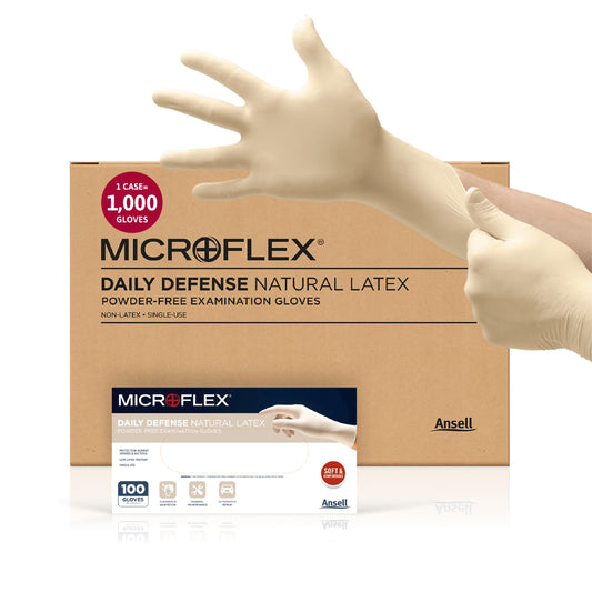 Microflex 10-754 Daily Defense Disposable Latex Gloves for Cleaning, Food Prep, First Aid - Medium, Natural (Case of 1000)