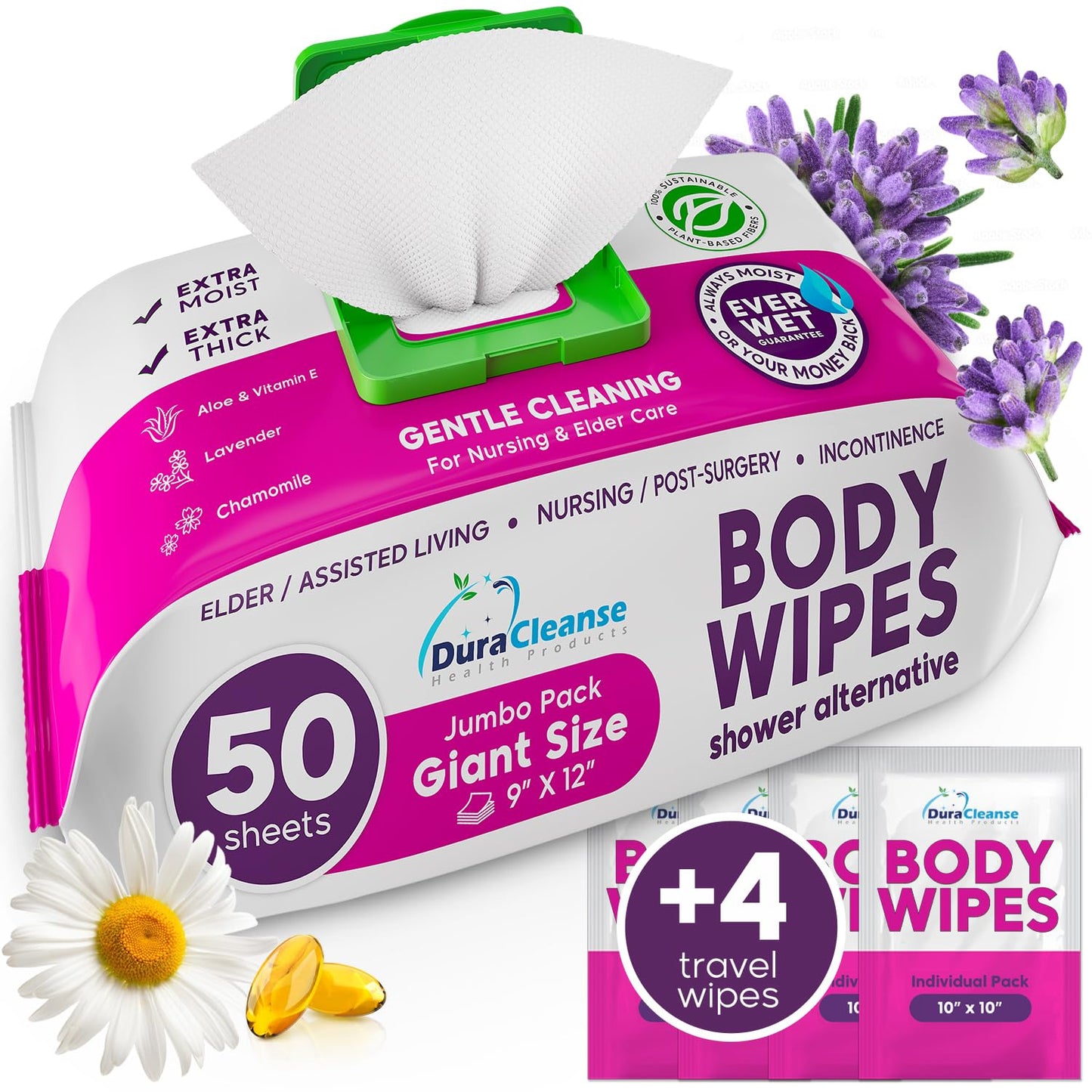 XL Bath Wipes for Adults Bathing No Rinse - 50 Count + 4 Travel Wipes - 9"x12" Disposable Washcloths for Adults - Surgery Recovery Supplies, Elderly Incontinence & Health Care Products