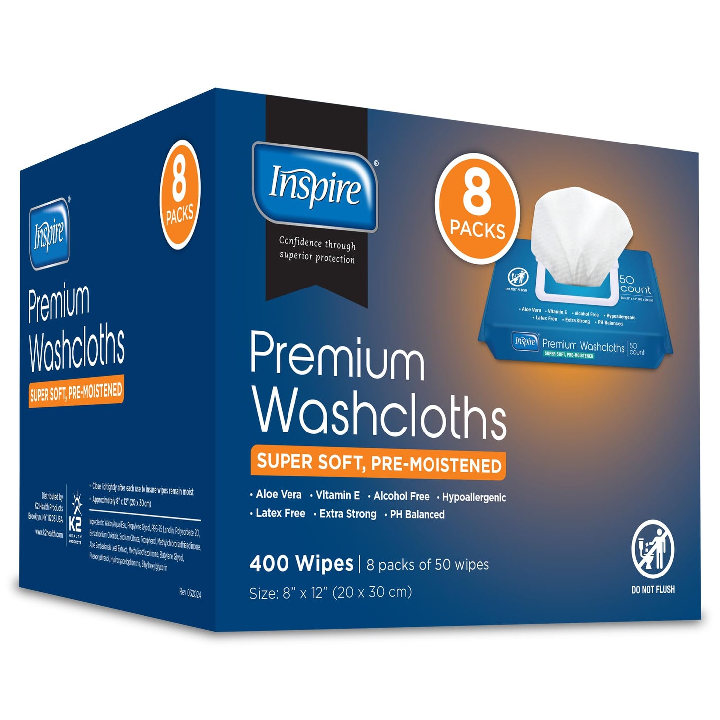 Inspire Disposable Washcloths - Body Cleansing Wipes for Adults | Extra Large Adult Wipes | Bathroom Wipes Adults - 50 Count (Pack of 8)