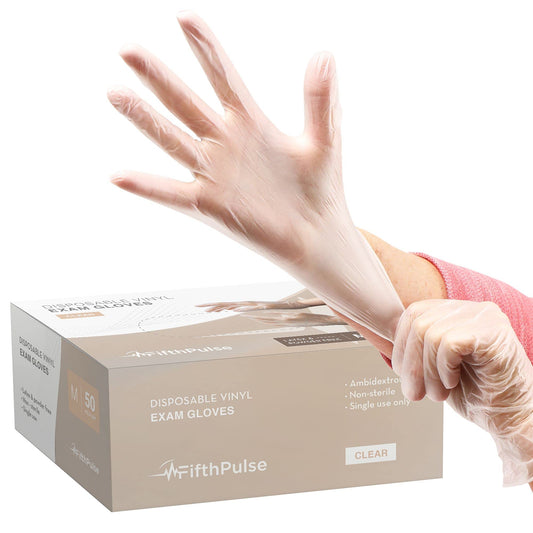 FifthPulse Clear Vinyl Disposable Gloves Medium 50 Pack - Latex Free, Powder Free Medical Exam Gloves - Surgical, Home, Cleaning, and Food Gloves - 3 Mil Thickness