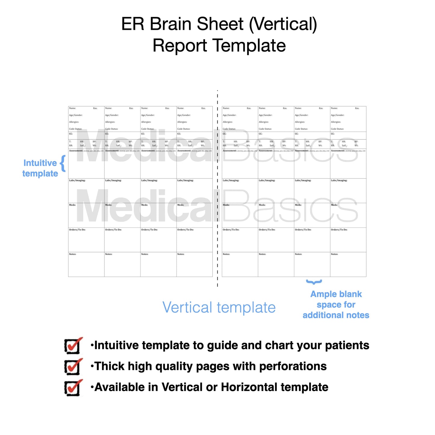 Brainsheet ER Notebook – Nursing Report sheet for emergency room, MedSurg and ICU nurses – 4 patients per template (Vertical Template)