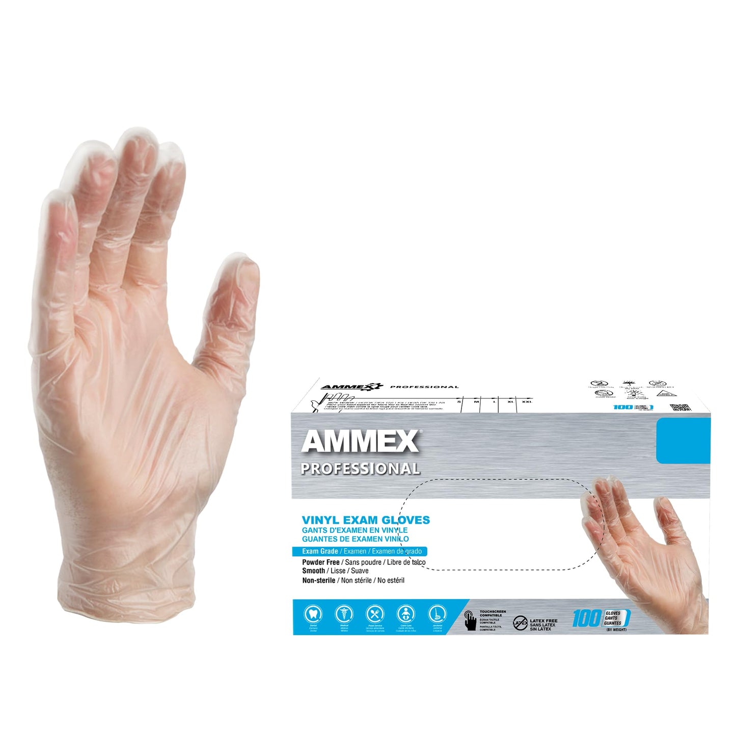 Ammex X-Large Latex-Free Vinyl Disposable Exam Gloves, 3 Mil, Smooth Finish, Food-Safe, Pack of 100