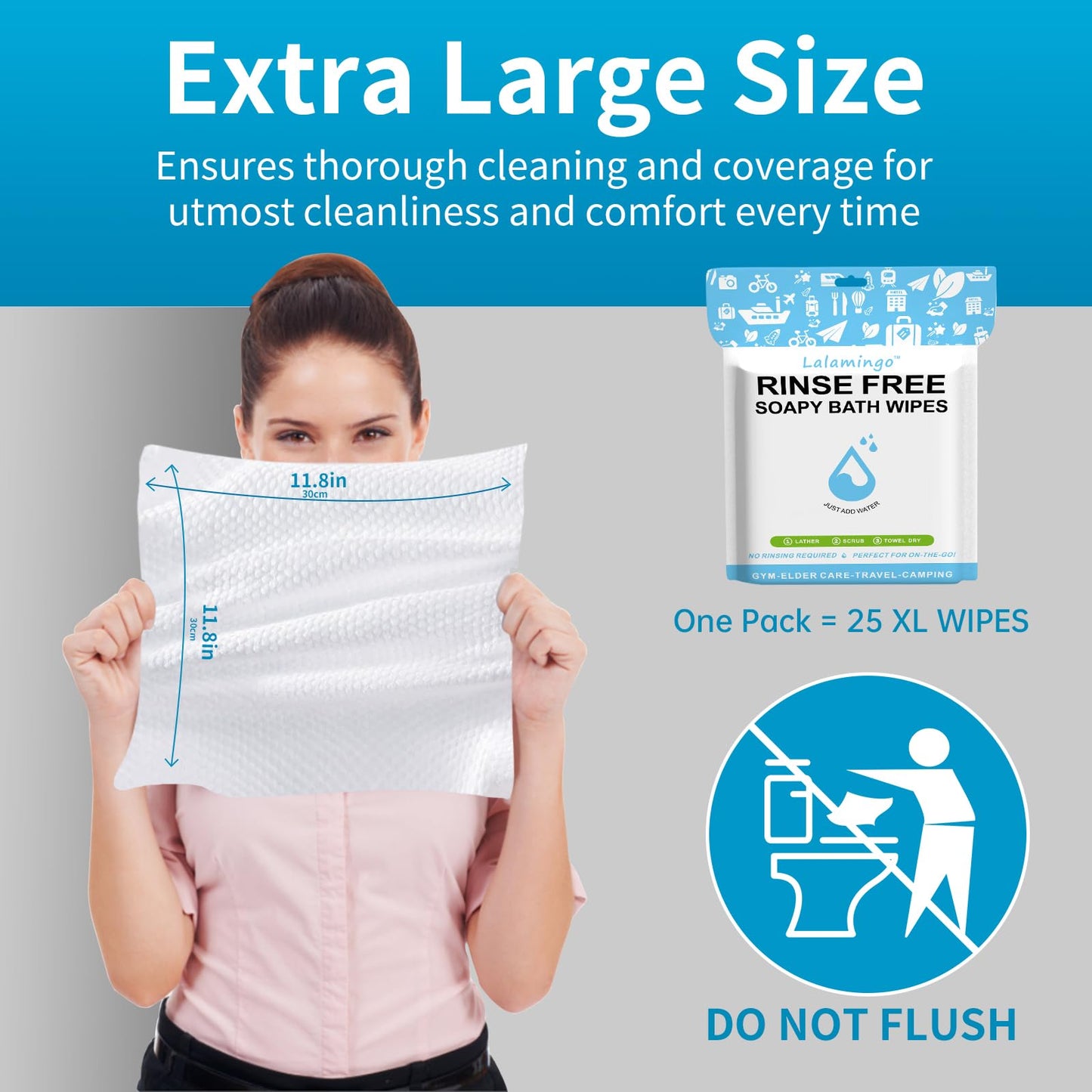 125% Larger! Rinse Free Bathing Wipes 150PCS XL Disposable No Rinse Dry Body Wipes for Adults. Post-Surgery Patients, Elderly Bedridden & Disabled | Camping, Hiking, GYM & Travel (Pack of 6=150PCS)