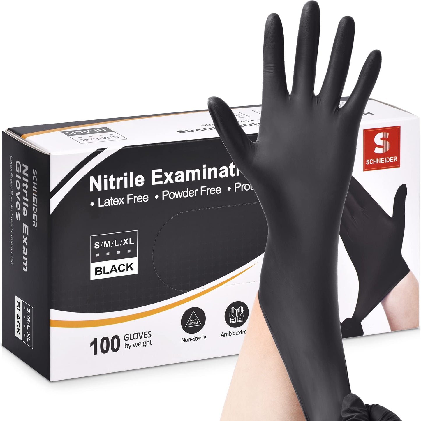 Schneider Nitrile Exam Gloves, Black, Large, 100-ct Box, 4-mil, Latex-Free, Powder-Free, Food-Safe