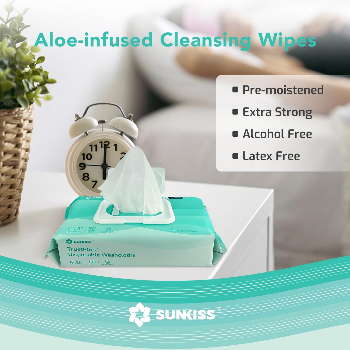 SUNKISS Trustplus Wet Wipes for Adult, Extra Thick 8”x12” Body Cleaning Wipes with Aloe for Elderly Incontinence & Cleansing, 200 Count (4 Packs of 50)